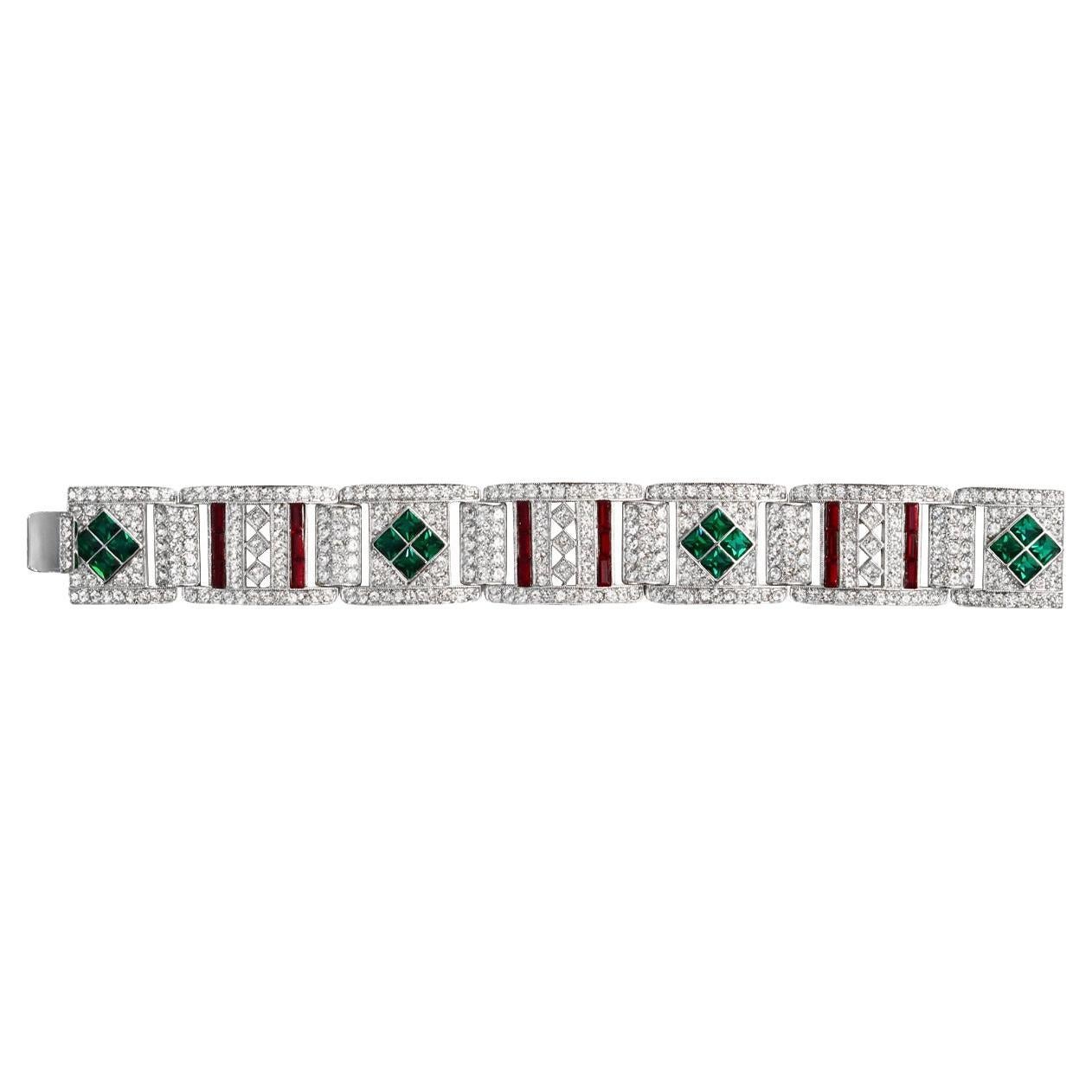 Vintage Art Deco 89 Faux Emerald, Ruby and Crystal Bracelet, Circa 1980s