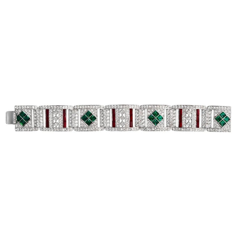 Vintage Art Deco 89 Faux Emerald, Ruby and Crystal Bracelet, Circa 1980s For Sale