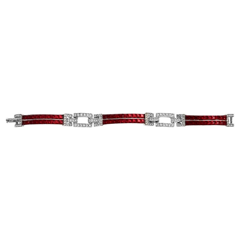 Vintage Art Deco 89 Red and Diamante Bracelet Circa 1980s For Sale