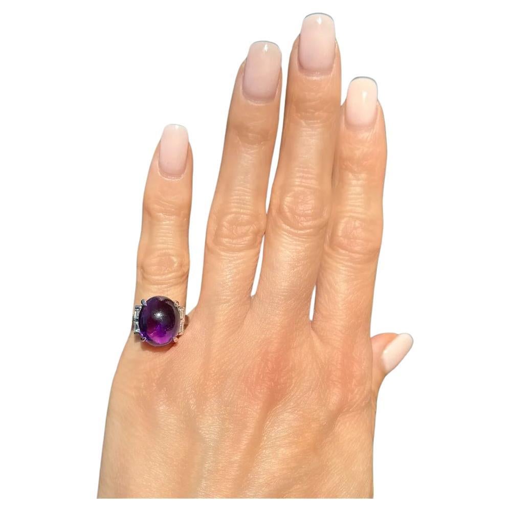 Vintage Art Deco 8.99 Carat Cabochon Amethyst and Baguette Diamond Platinum Ring For Sale