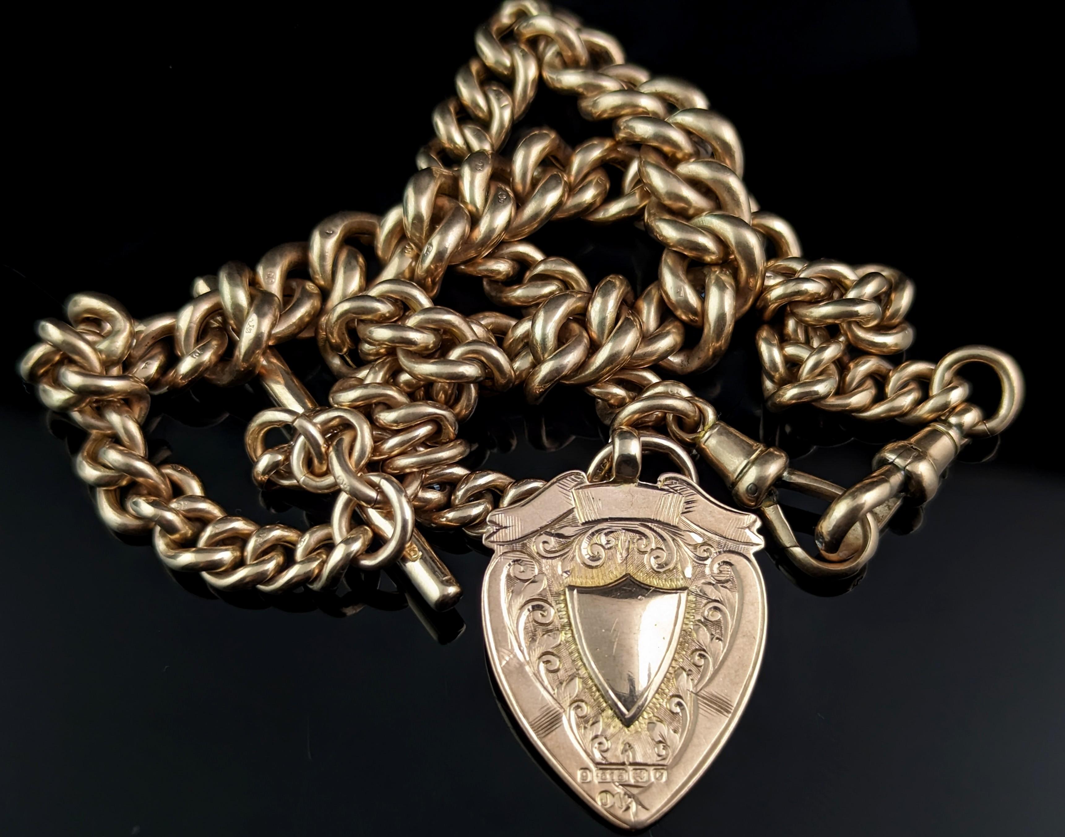 Vintage Art Deco 9ct rose gold Albert chain, shield fob  For Sale 11