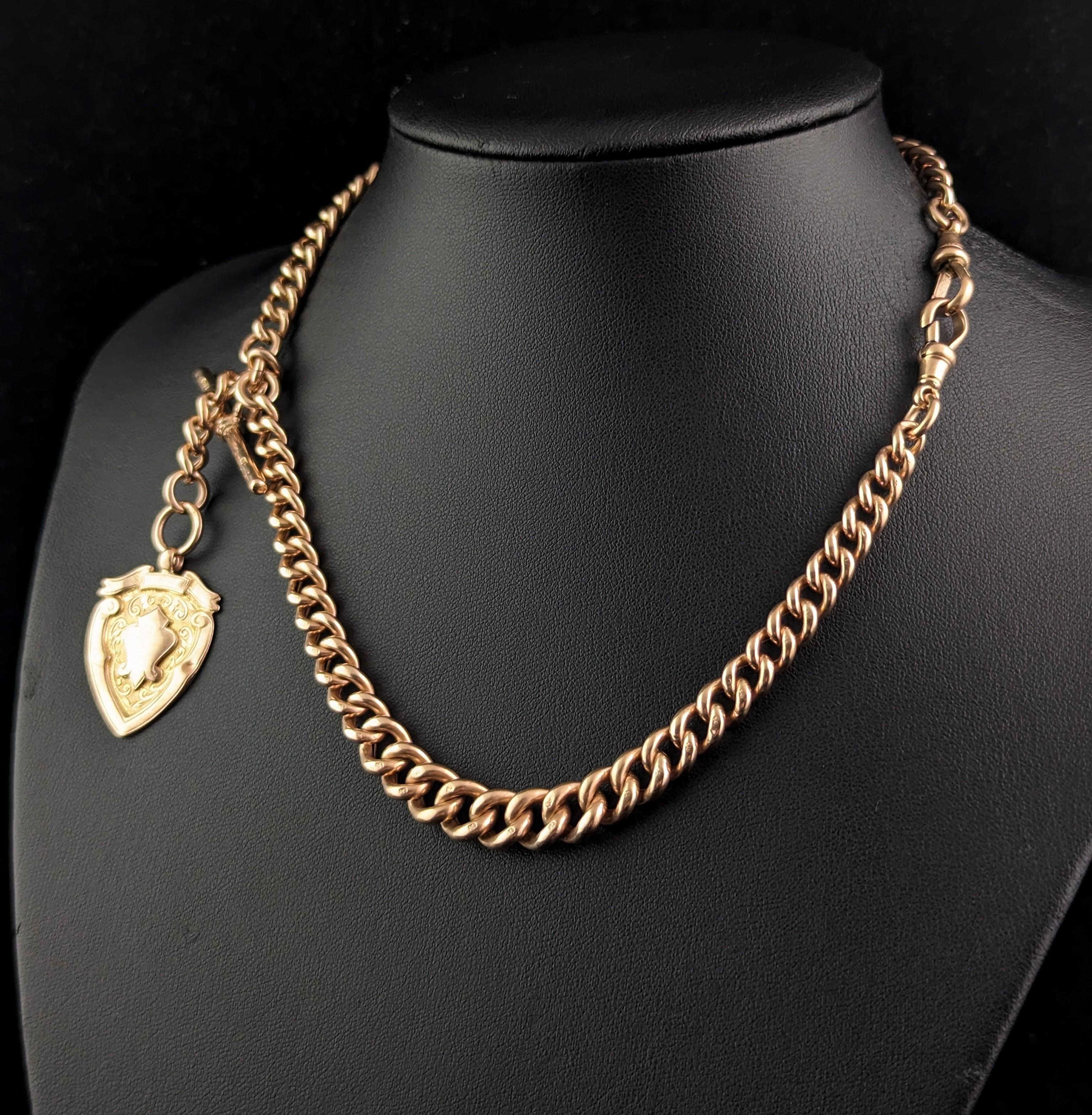 Women's or Men's Vintage Art Deco 9ct rose gold Albert chain, shield fob  For Sale
