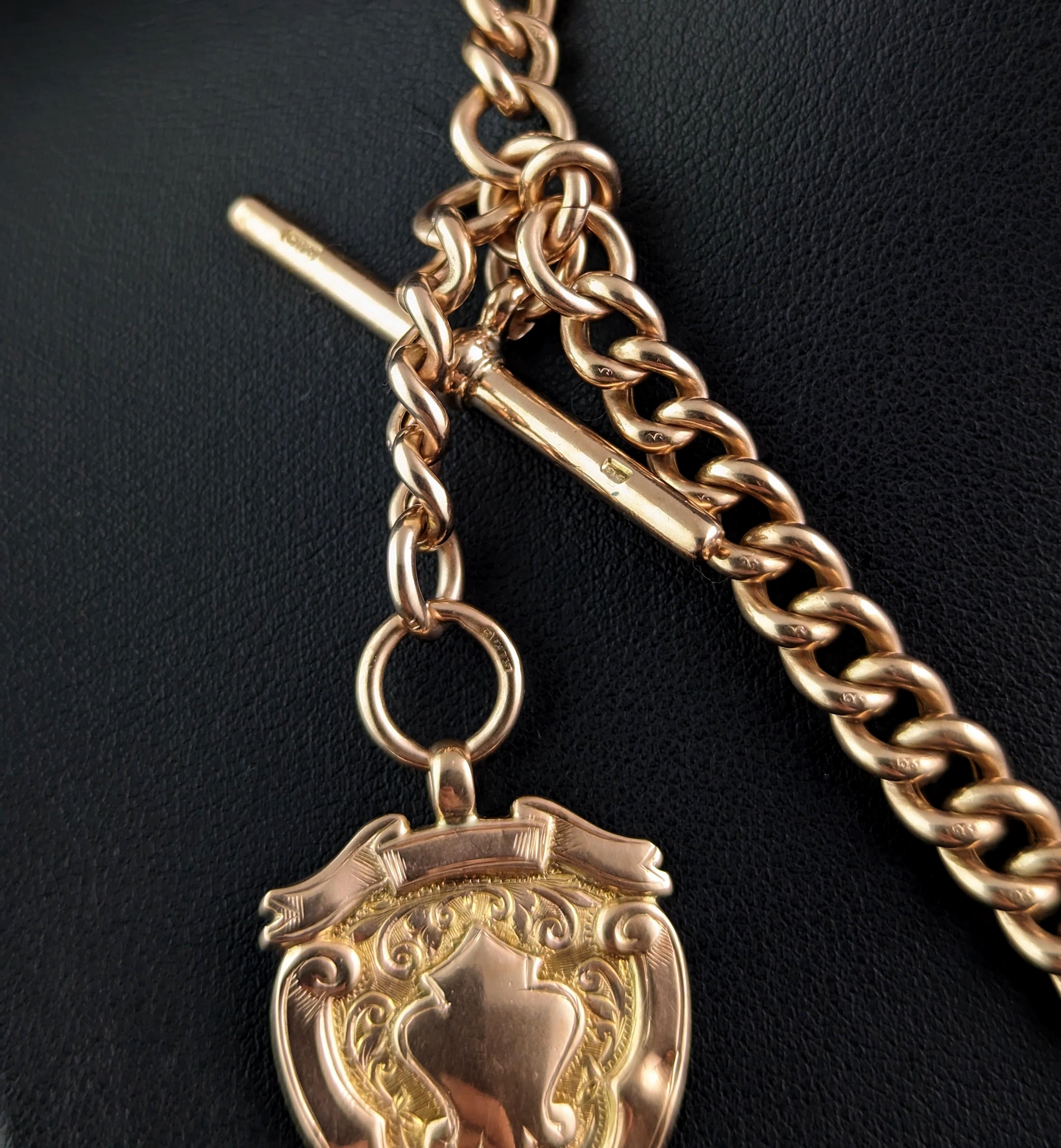 Vintage Art Deco 9ct rose gold Albert chain, shield fob  For Sale 1