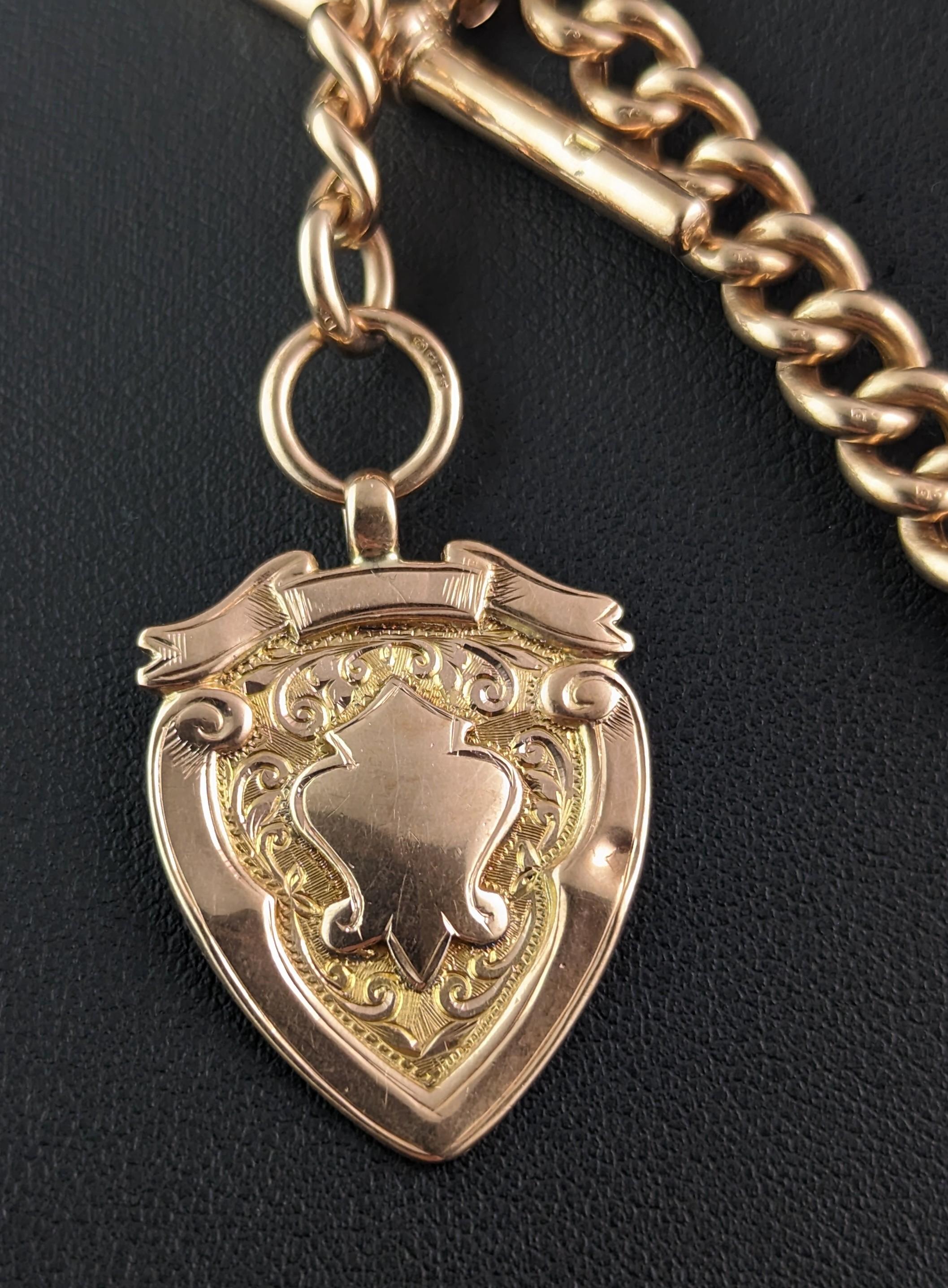 Vintage Art Deco 9ct rose gold Albert chain, shield fob  For Sale 2