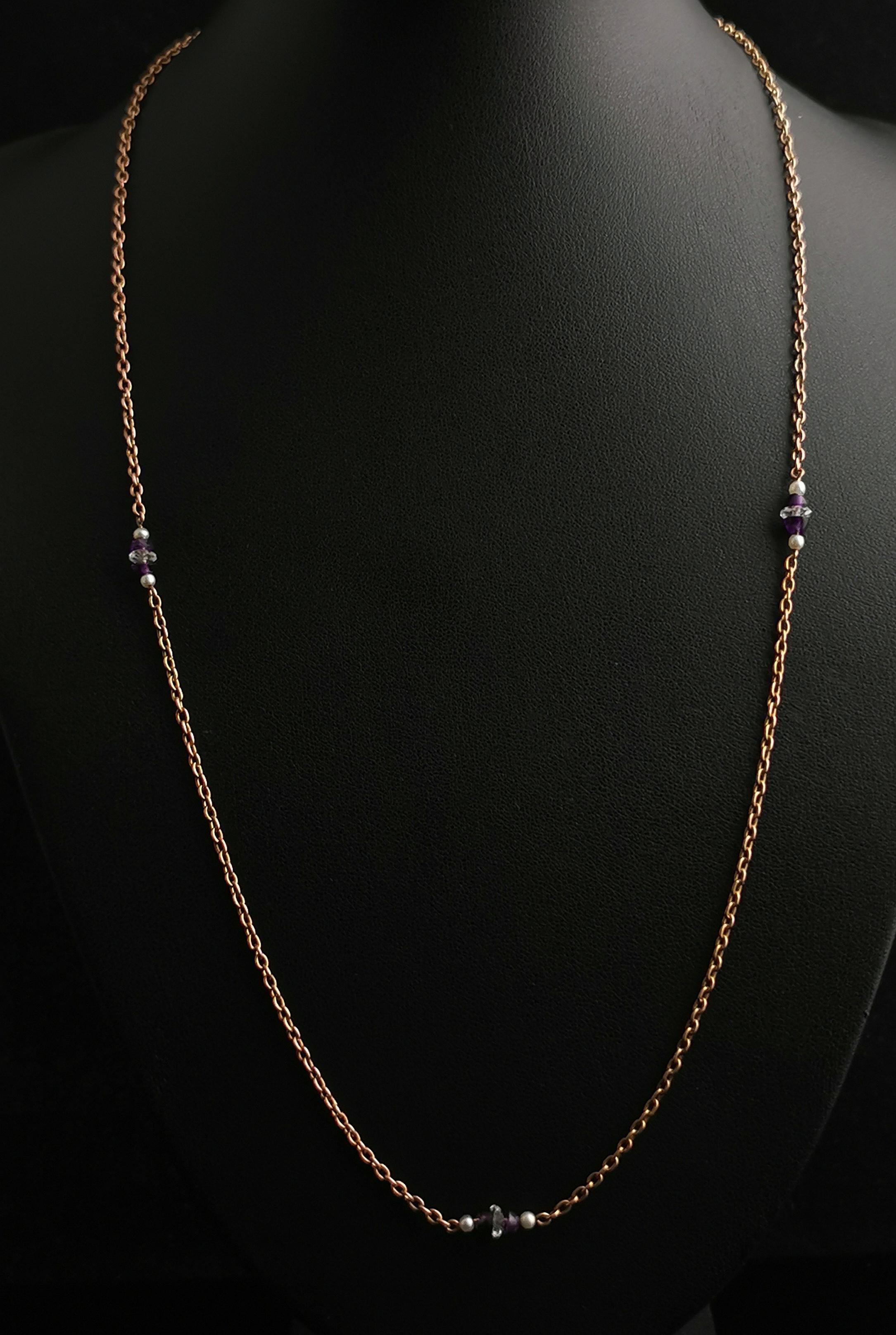 Vintage Art Deco 9k Gold Chain Necklace, Beaded, Rock Crystal, Amethyst, Pearl 3