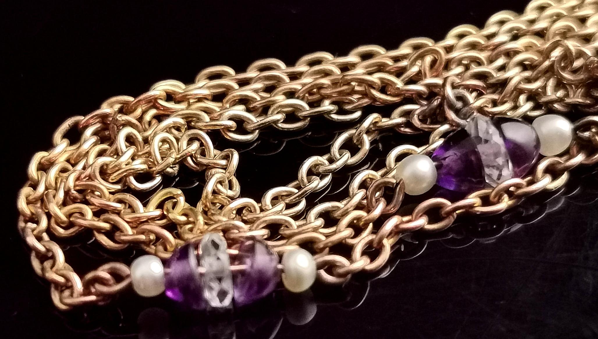 Vintage Art Deco 9k Gold Chain Necklace, Beaded, Rock Crystal, Amethyst, Pearl 6