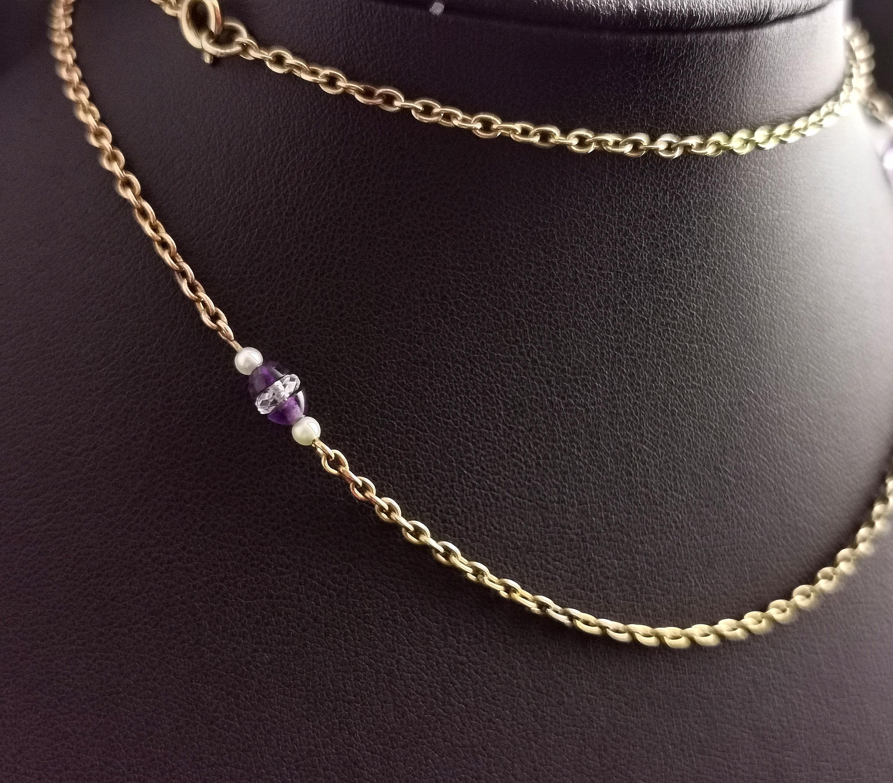 Vintage Art Deco 9k Gold Chain Necklace, Beaded, Rock Crystal, Amethyst, Pearl In Good Condition In NEWARK, GB