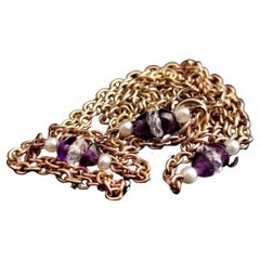 Vintage Art Deco 9k Gold Chain Necklace, Beaded, Rock Crystal, Amethyst, Pearl
