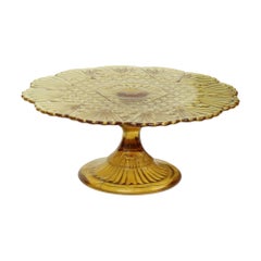 Vintage Art Deco Amber Cake Plate Dish Pressed Glass 30cm