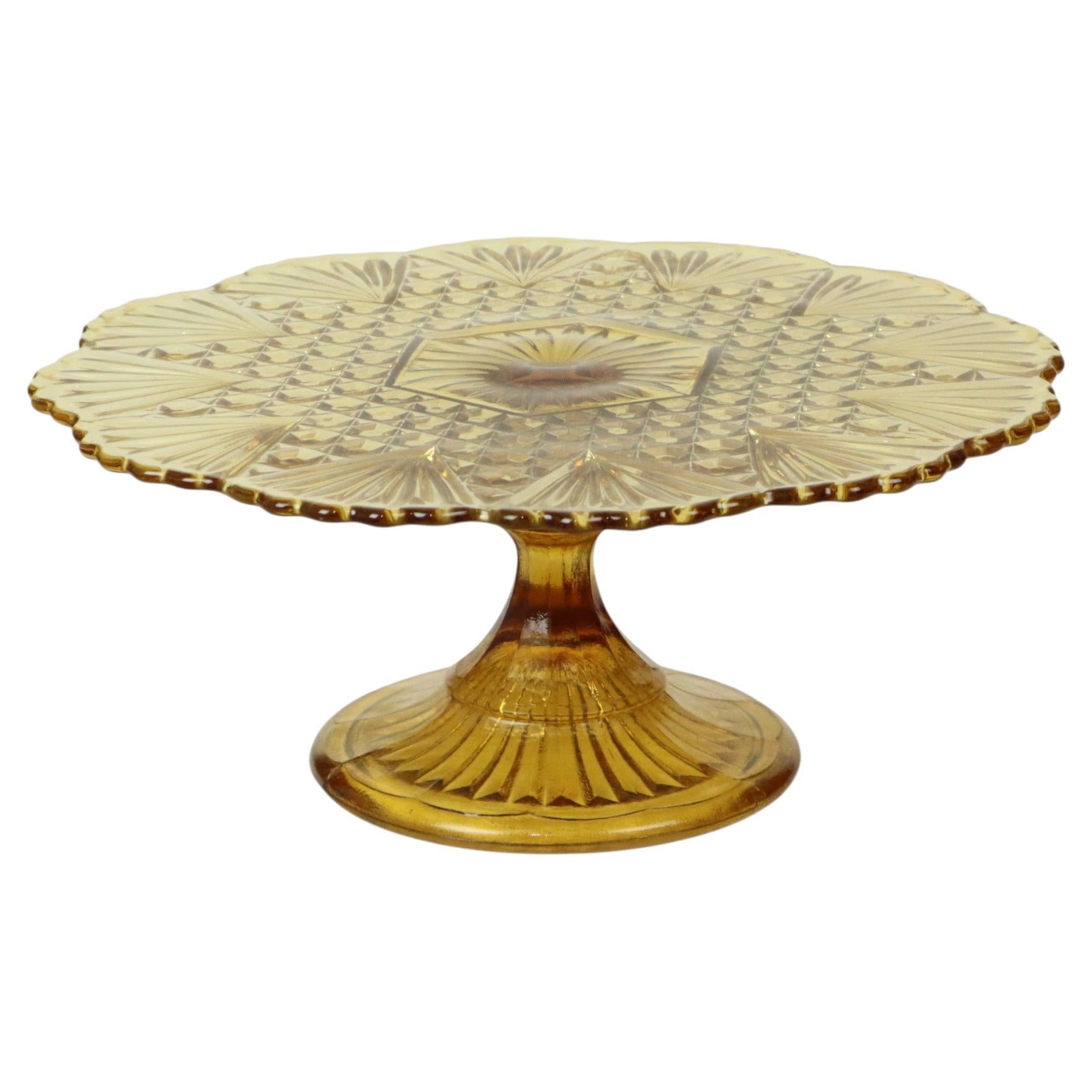 Vintage Art of Vintage Amber Cake Plate Dish Pressed Glass 30cm