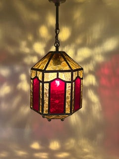 Vintage ART DECO Amber Leaded Glass Shade Pendant Lantern, Sweden, ca. 1940/50s