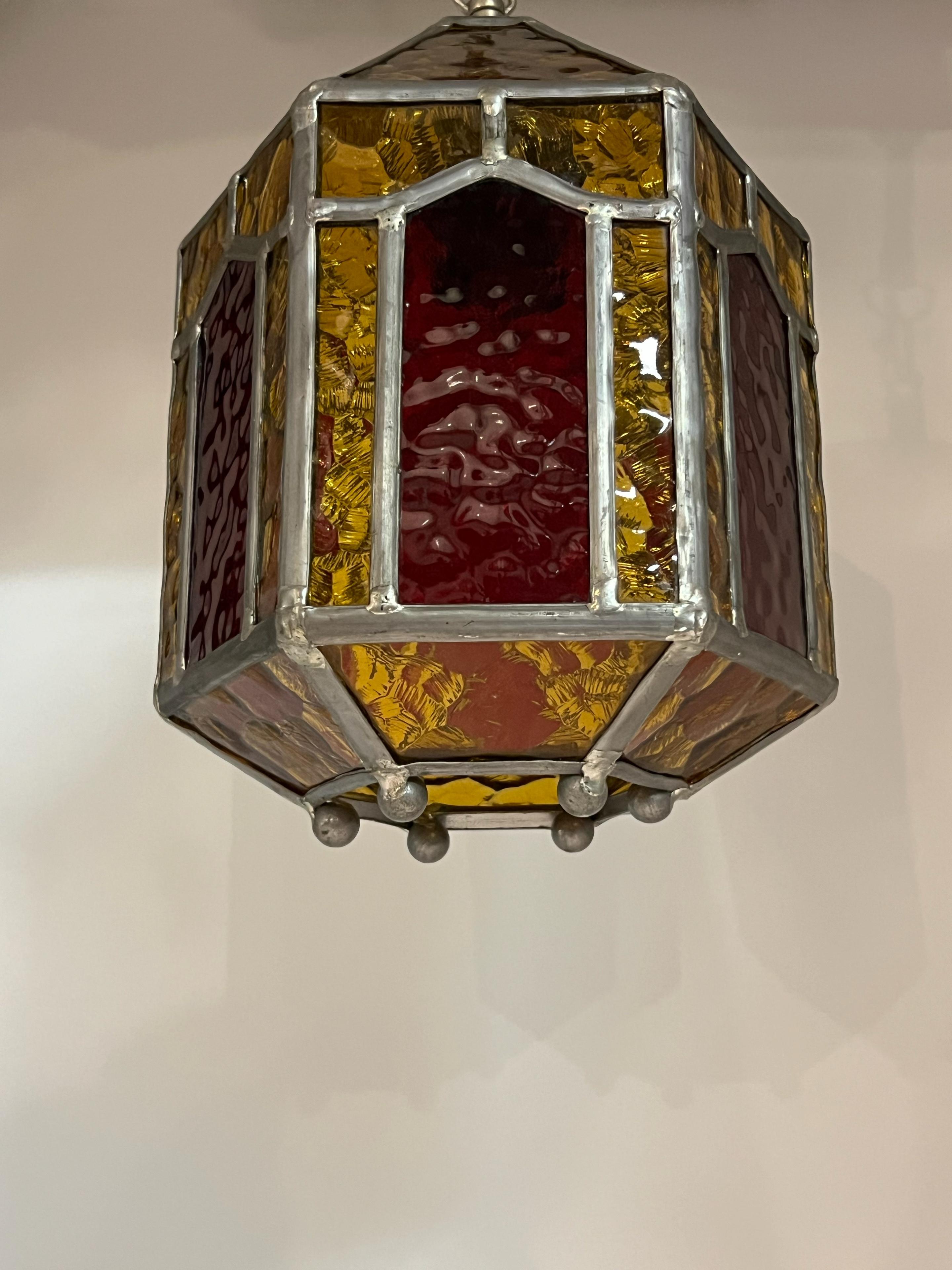 Arts and Crafts Vintage ART DECO Amber Leaded Glass Shade Pendant Lantern, Sweden, ca. 1940/50s For Sale