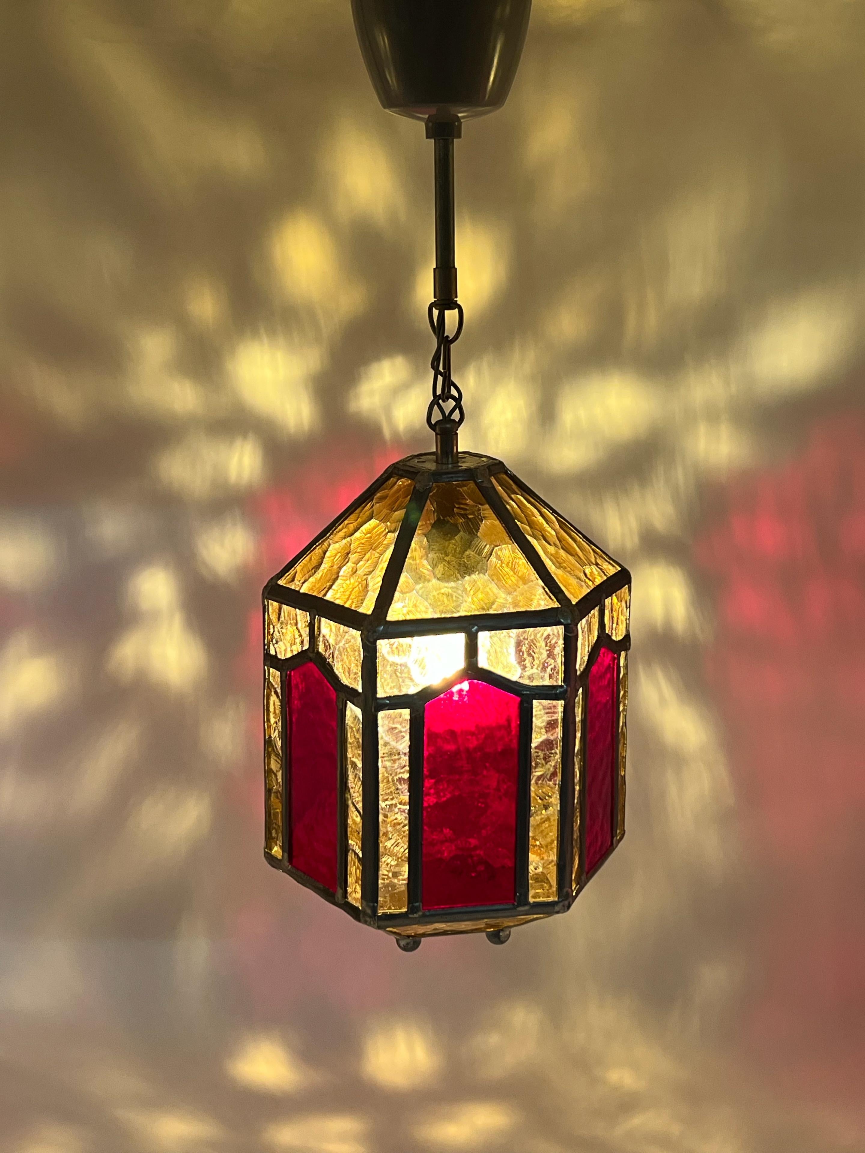 Swedish Vintage ART DECO Amber Leaded Glass Shade Pendant Lantern, Sweden, ca. 1940/50s For Sale