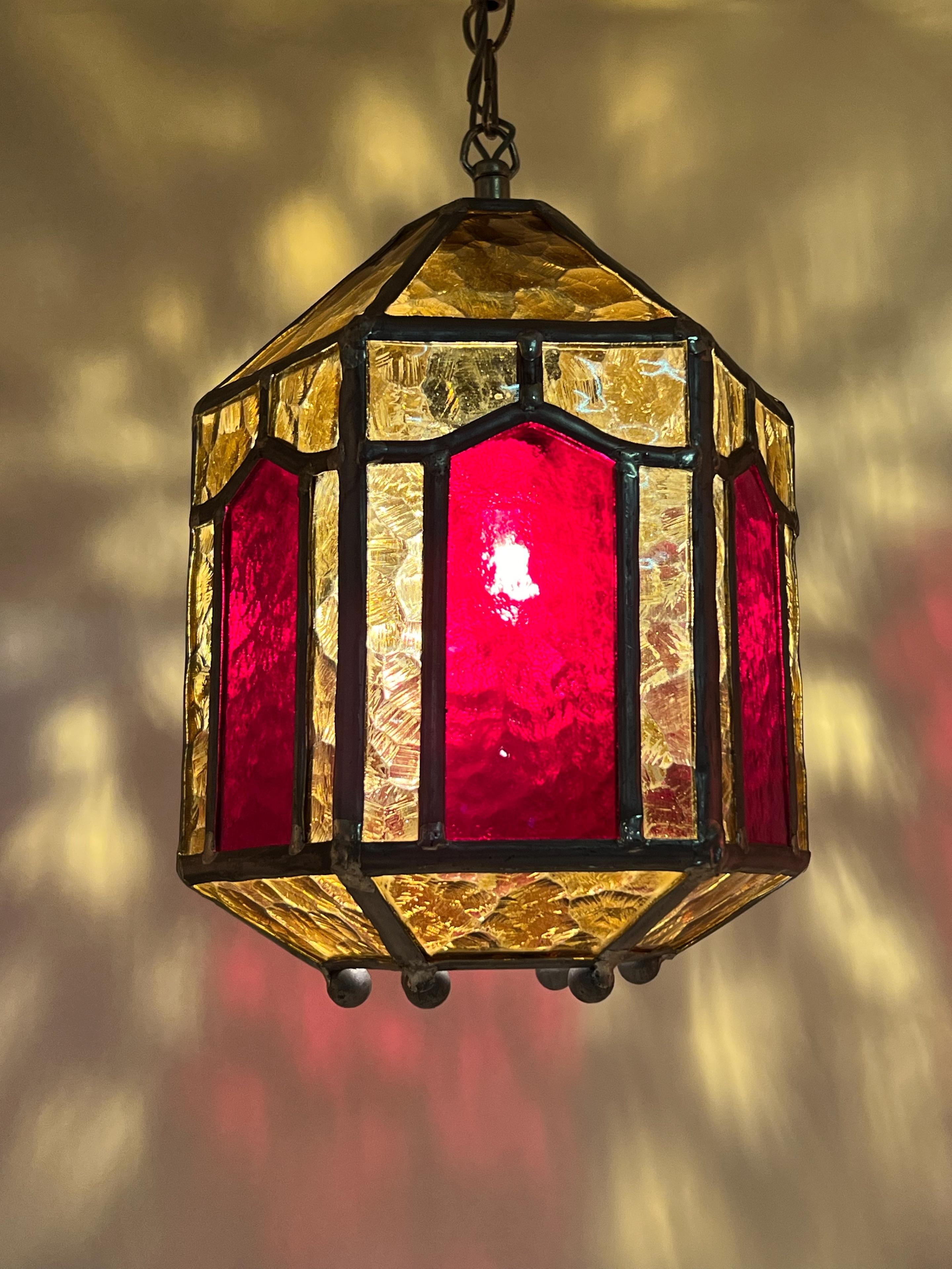 Hand-Crafted Vintage ART DECO Amber Leaded Glass Shade Pendant Lantern, Sweden, ca. 1940/50s For Sale
