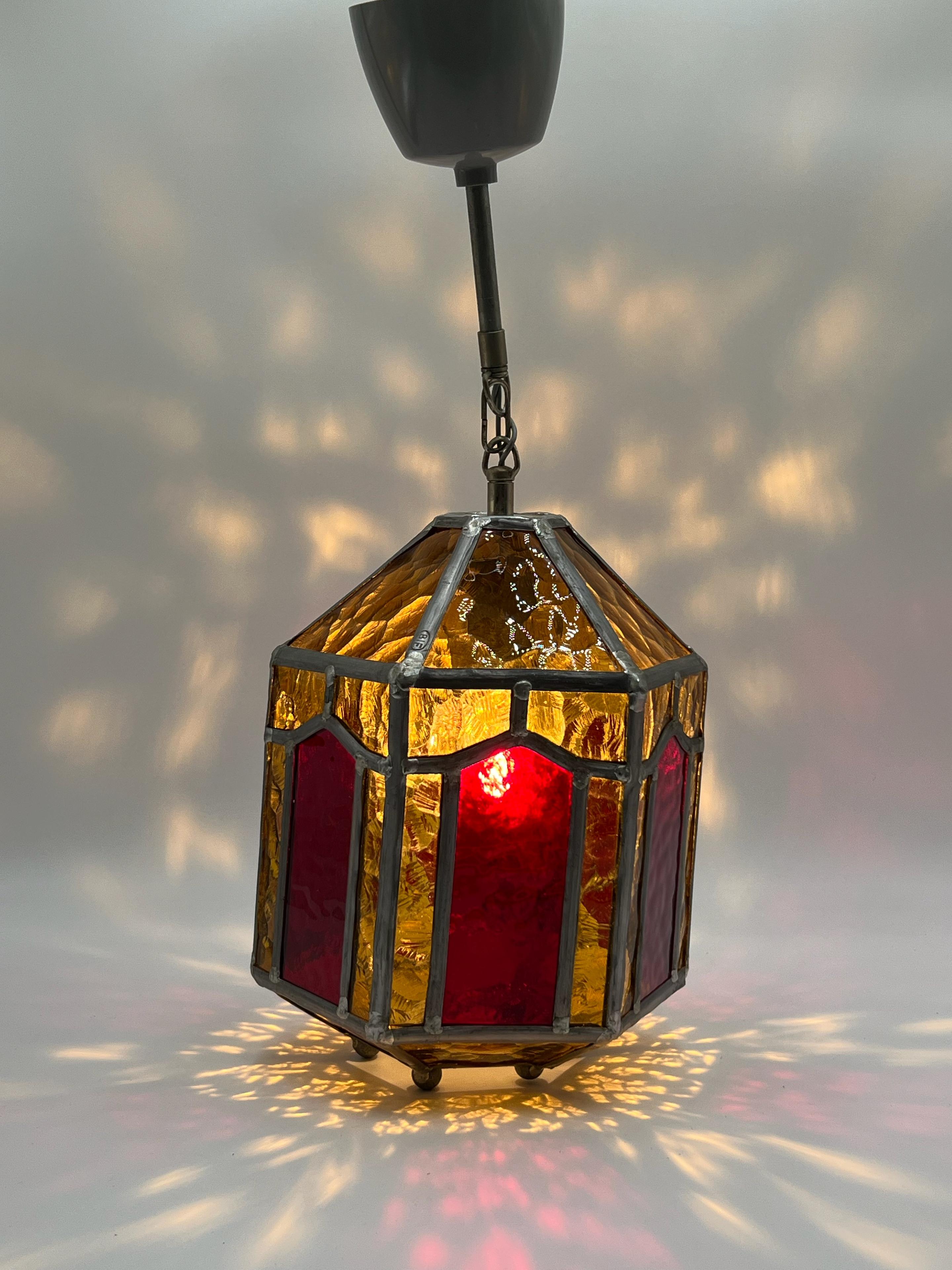 Mid-20th Century Vintage ART DECO Amber Leaded Glass Shade Pendant Lantern, Sweden, ca. 1940/50s For Sale