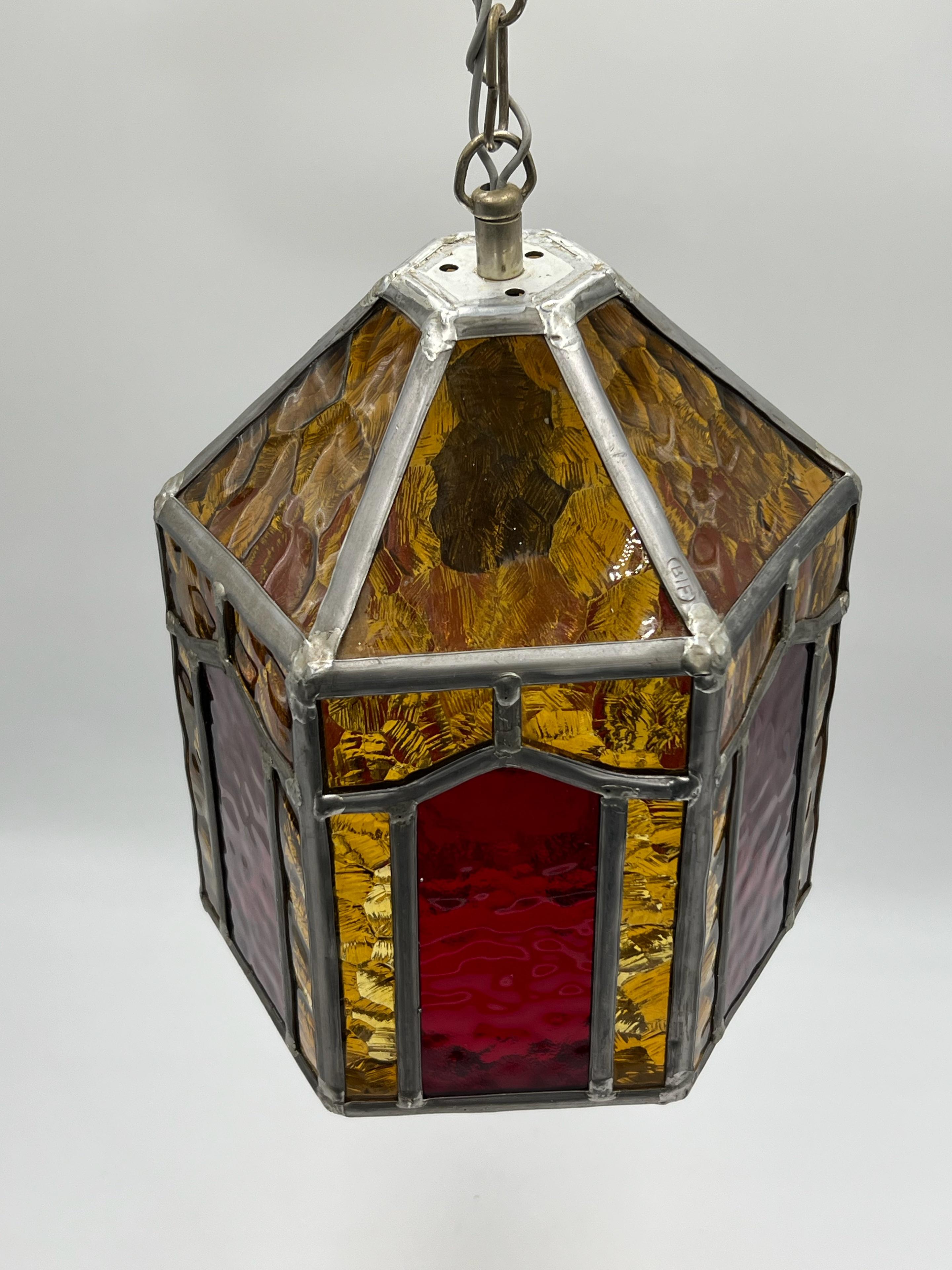 Vintage ART DECO Amber Leaded Glass Shade Pendant Lantern, Sweden, ca. 1940/50s For Sale 1