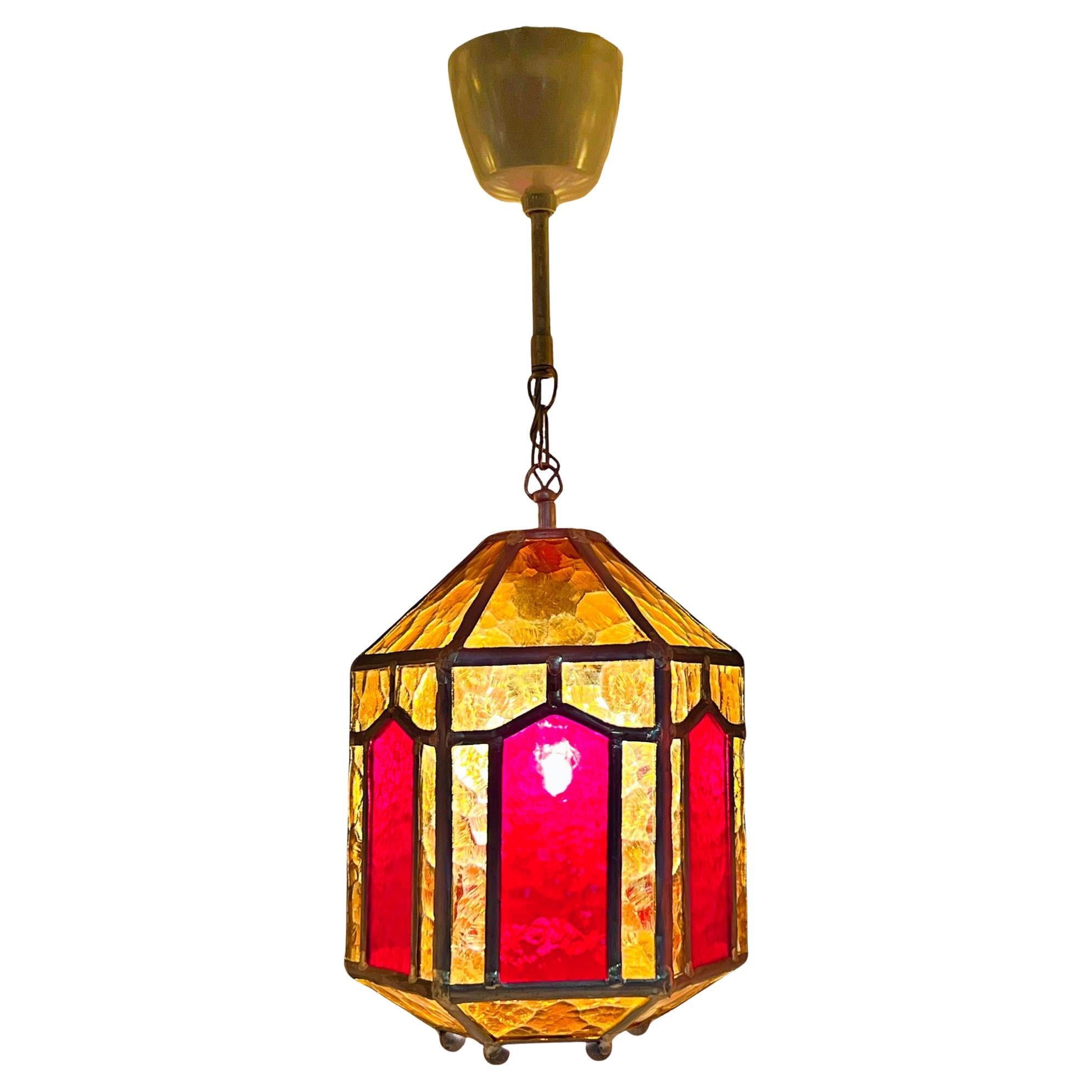Vintage ART DECO Bernsteinfarbene Bleiglas-Laterne mit Schirm-Anhänger, Schweden, ca. 1940/50s