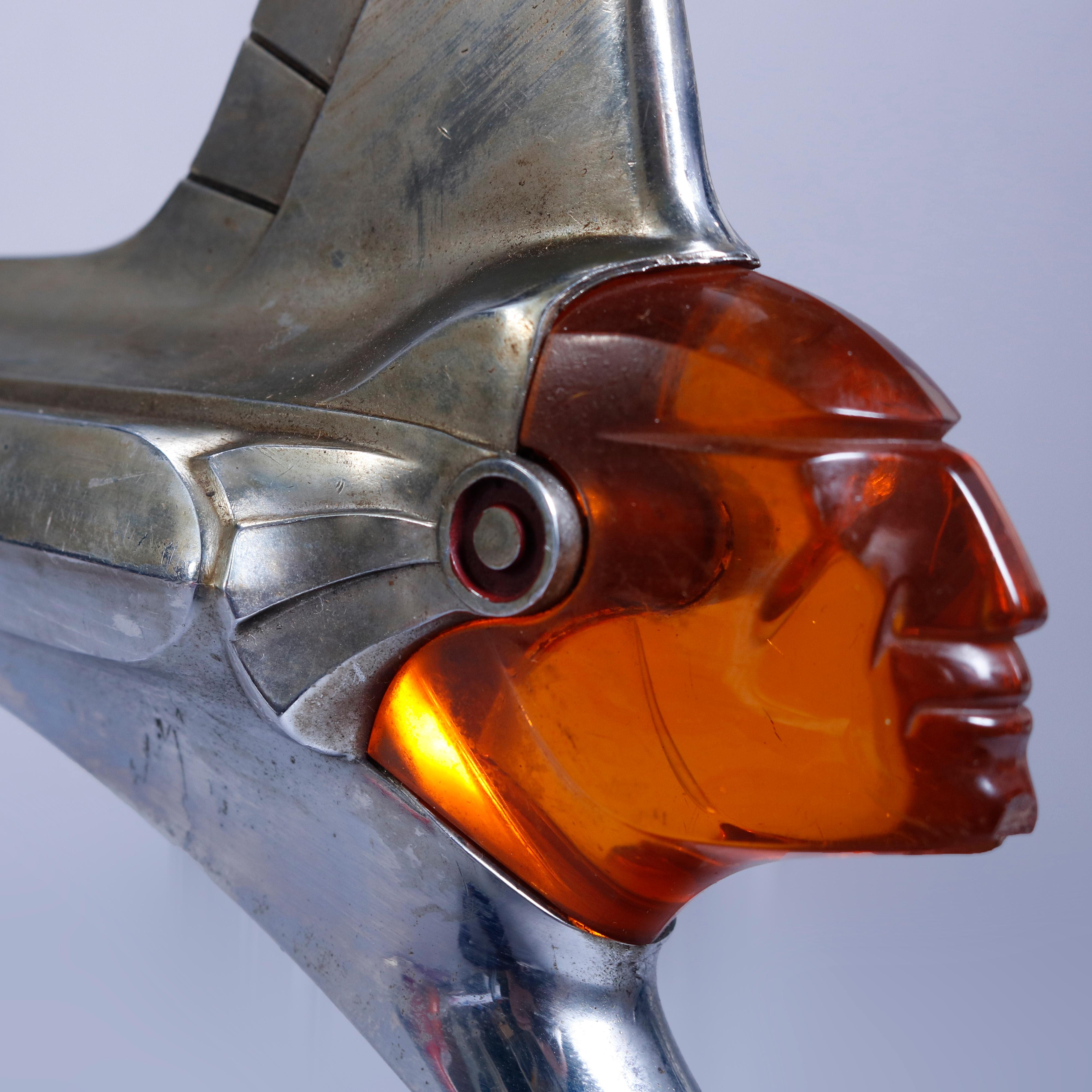 A vintage or retro Art Deco figural American Indian Chieftain 1951 Pontiac hot rod automobile hood ornament offers chrome frame with amber resin profile, circa 1951

***DELIVERY NOTICE – Due to COVID-19 we are employing NO-CONTACT PRACTICES in the