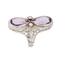 Vintage Art Deco Amethyst Diamond Ring Filigree 14k White Gold Elongated Pear 4