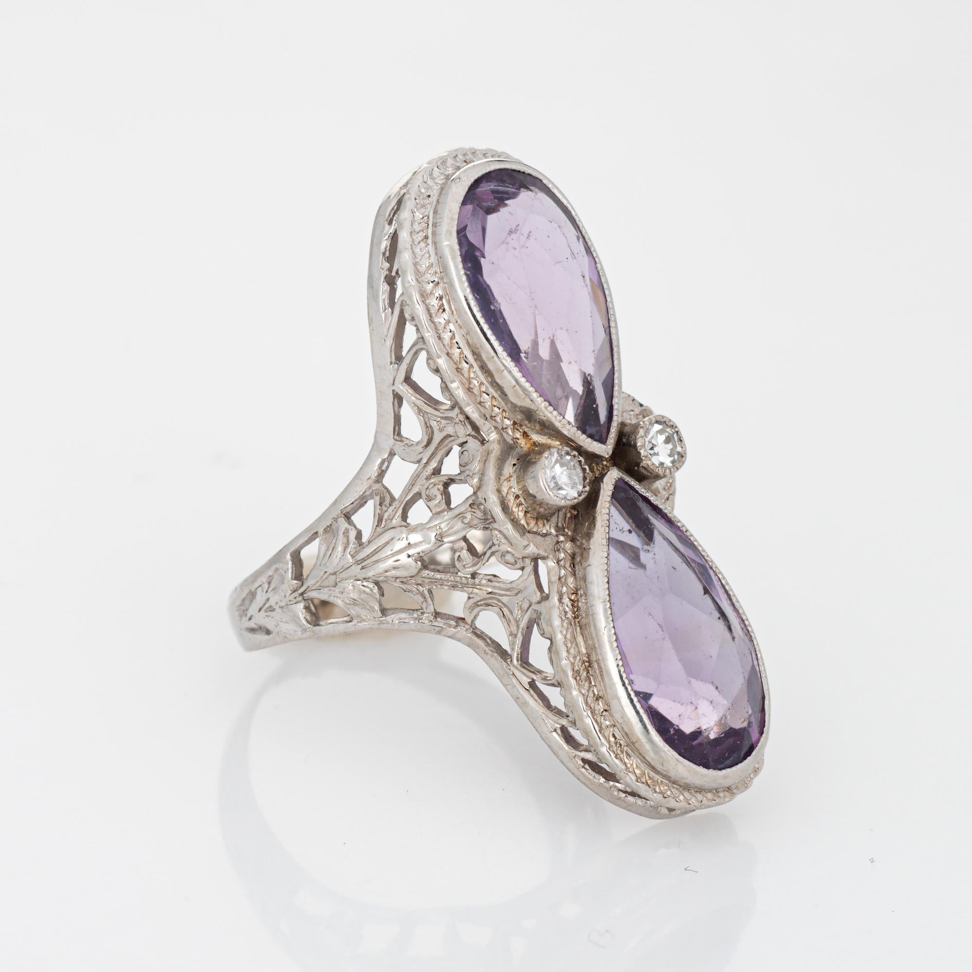 Pear Cut Vintage Art Deco Amethyst Diamond Ring Filigree 14k White Gold Elongated Pear 4 For Sale
