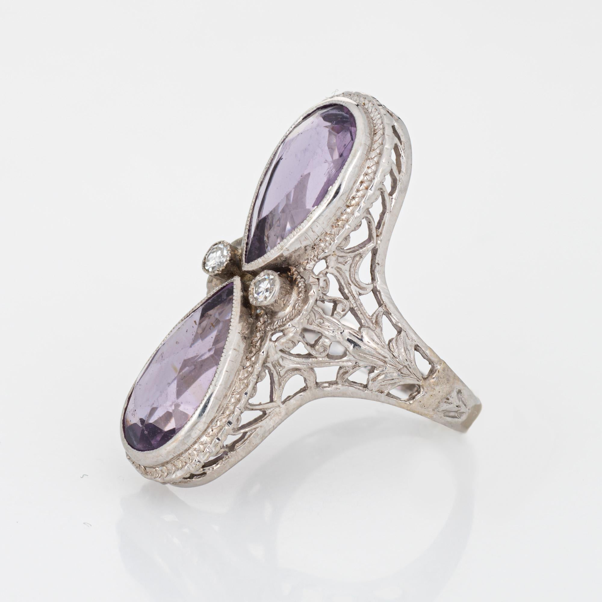 Vintage Art Deco Amethyst Diamond Ring Filigree 14k White Gold Elongated Pear 4 In Good Condition For Sale In Torrance, CA