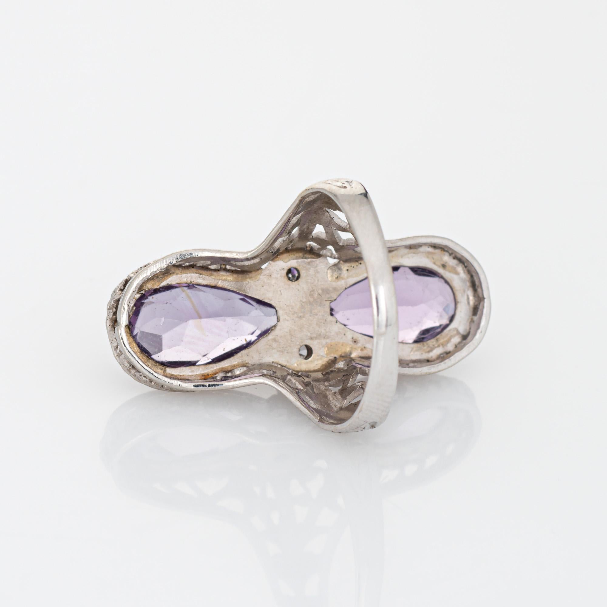 Women's Vintage Art Deco Amethyst Diamond Ring Filigree 14k White Gold Elongated Pear 4 For Sale