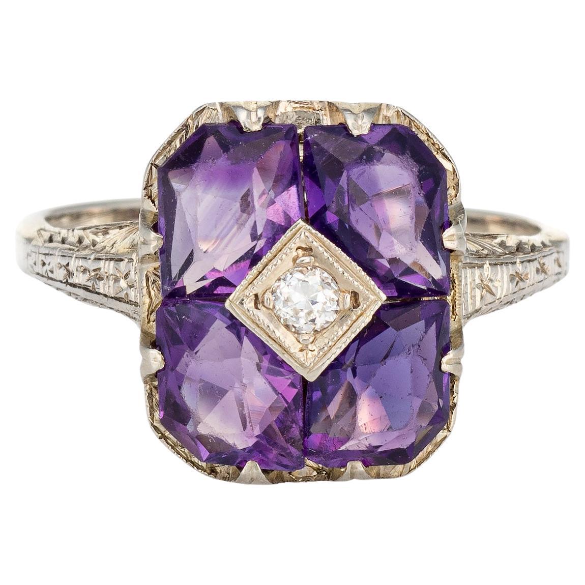 Vintage Art Deco Amethyst Diamond Ring Square Sz 7.25 Estate Fine Jewelry For Sale