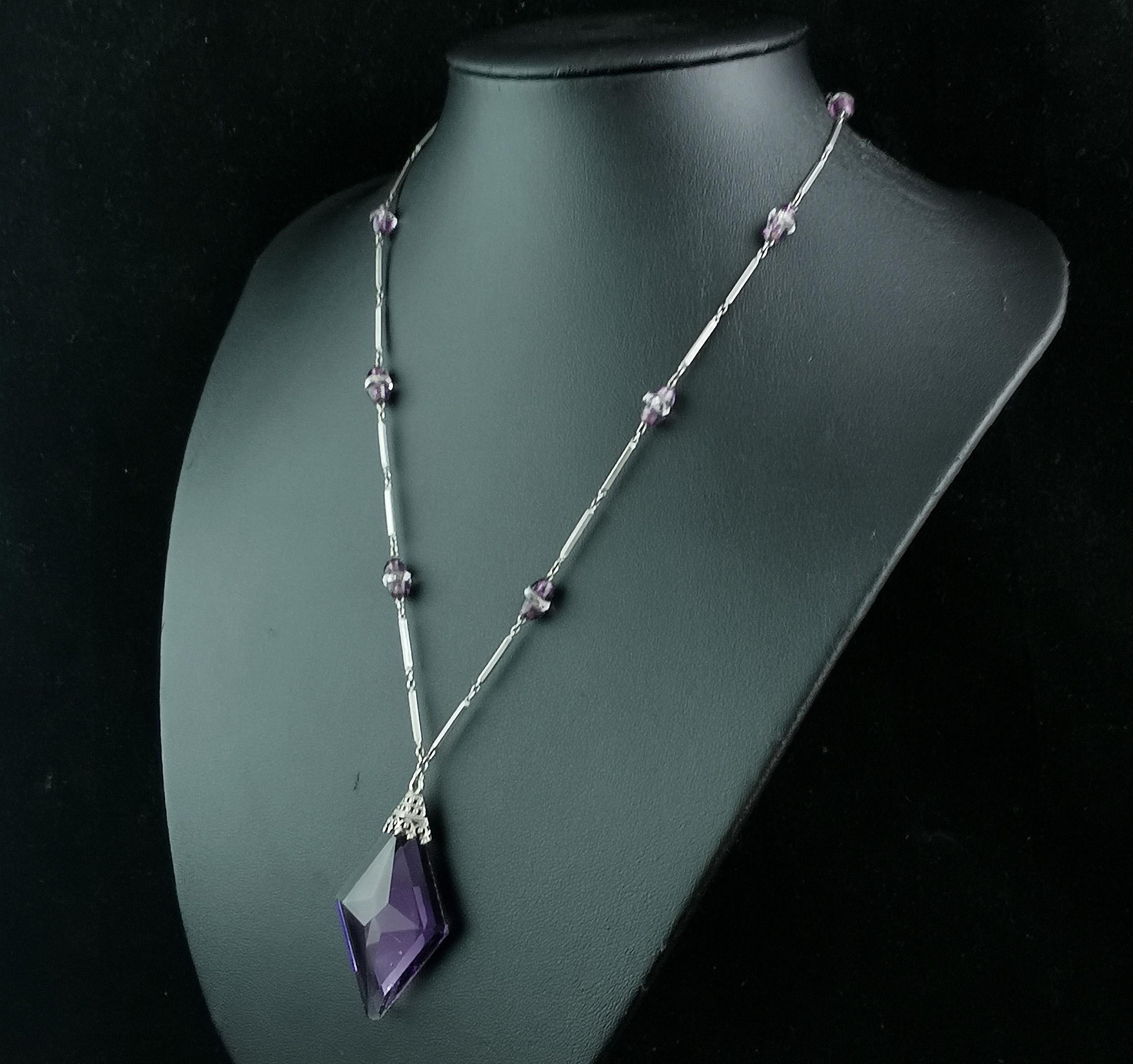 Vintage Art Deco Amethyst glass drop pendant necklace For Sale 7