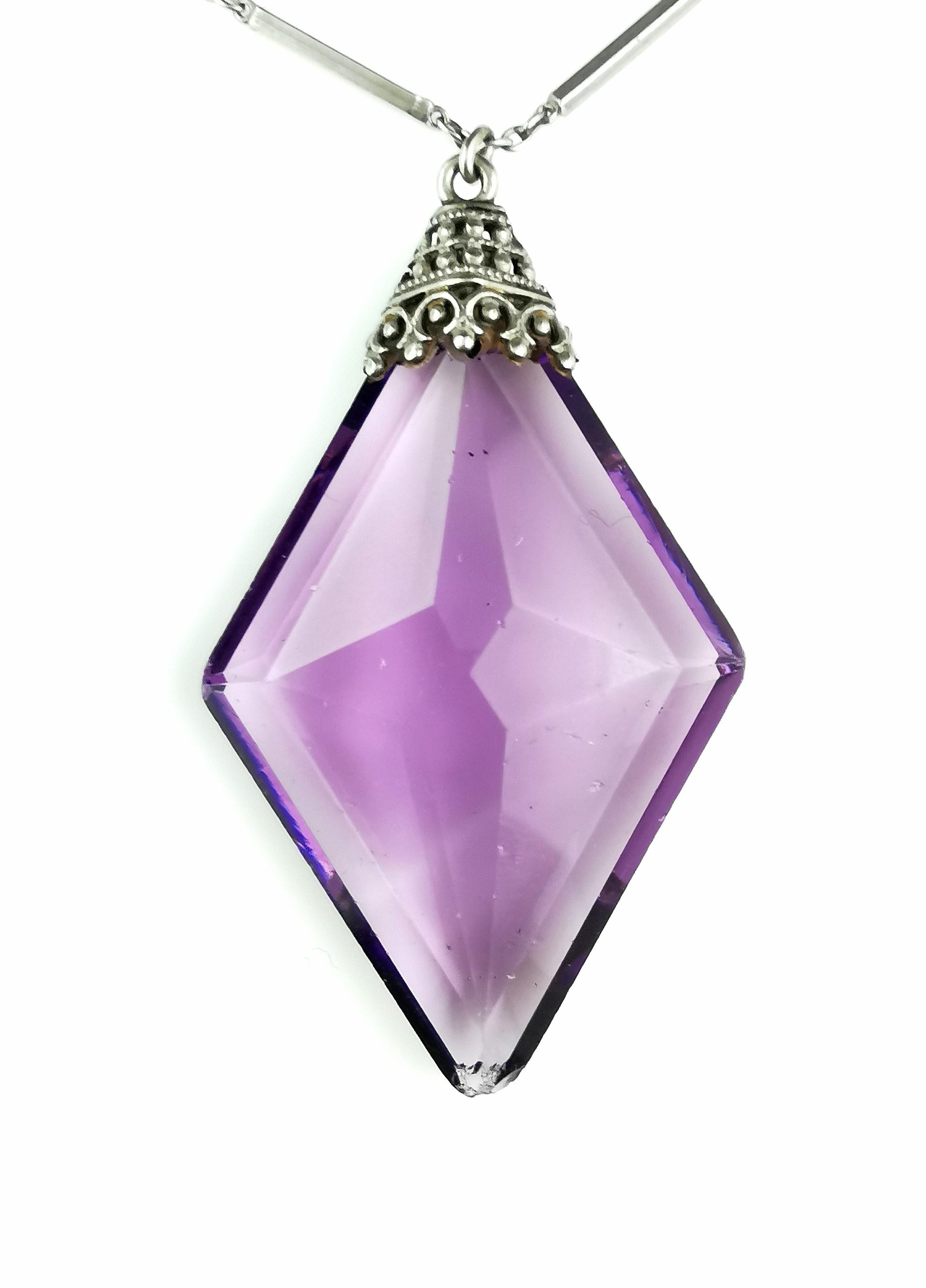 Women's Vintage Art Deco Amethyst glass drop pendant necklace For Sale