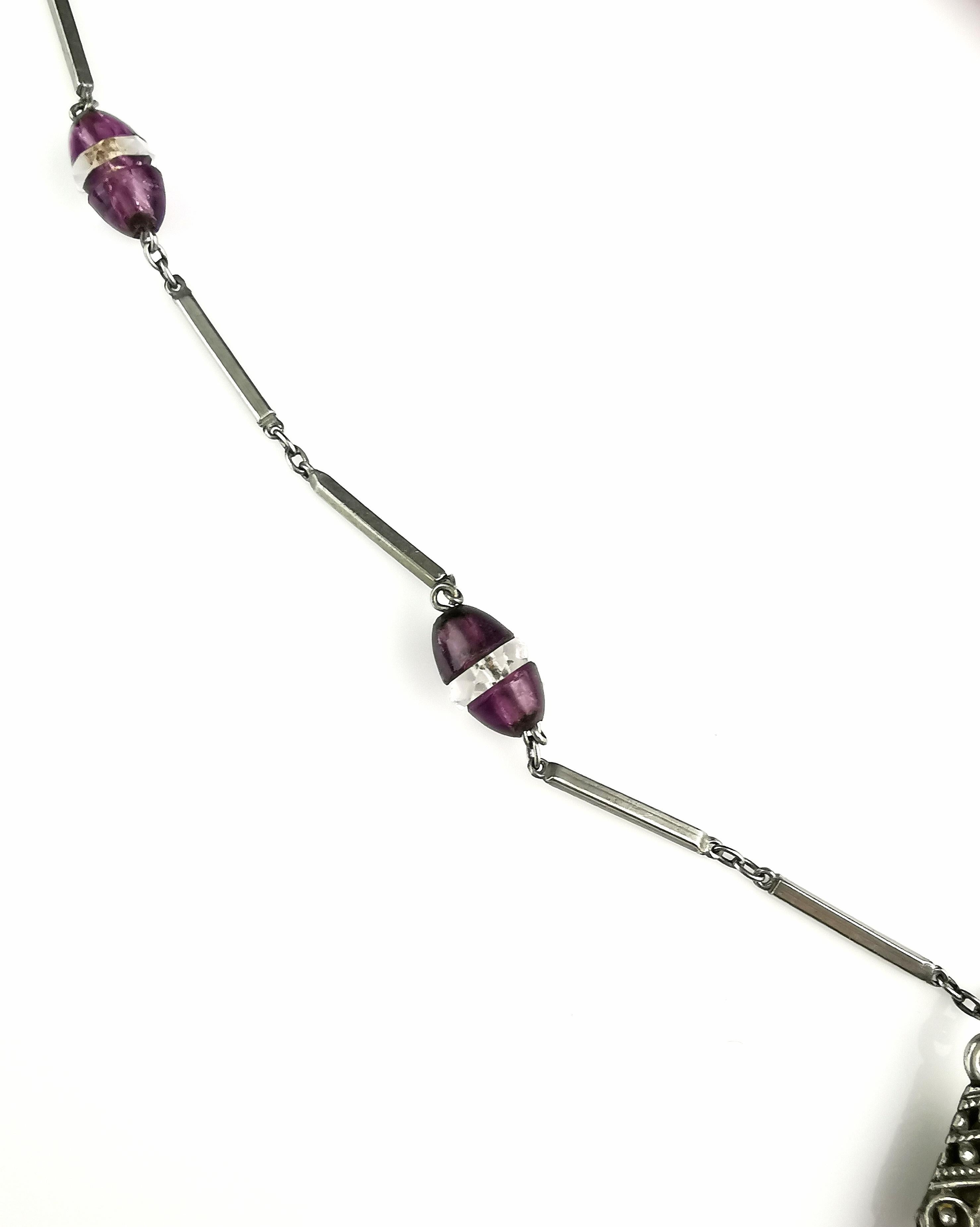 Vintage Art Deco Amethyst glass drop pendant necklace For Sale 2