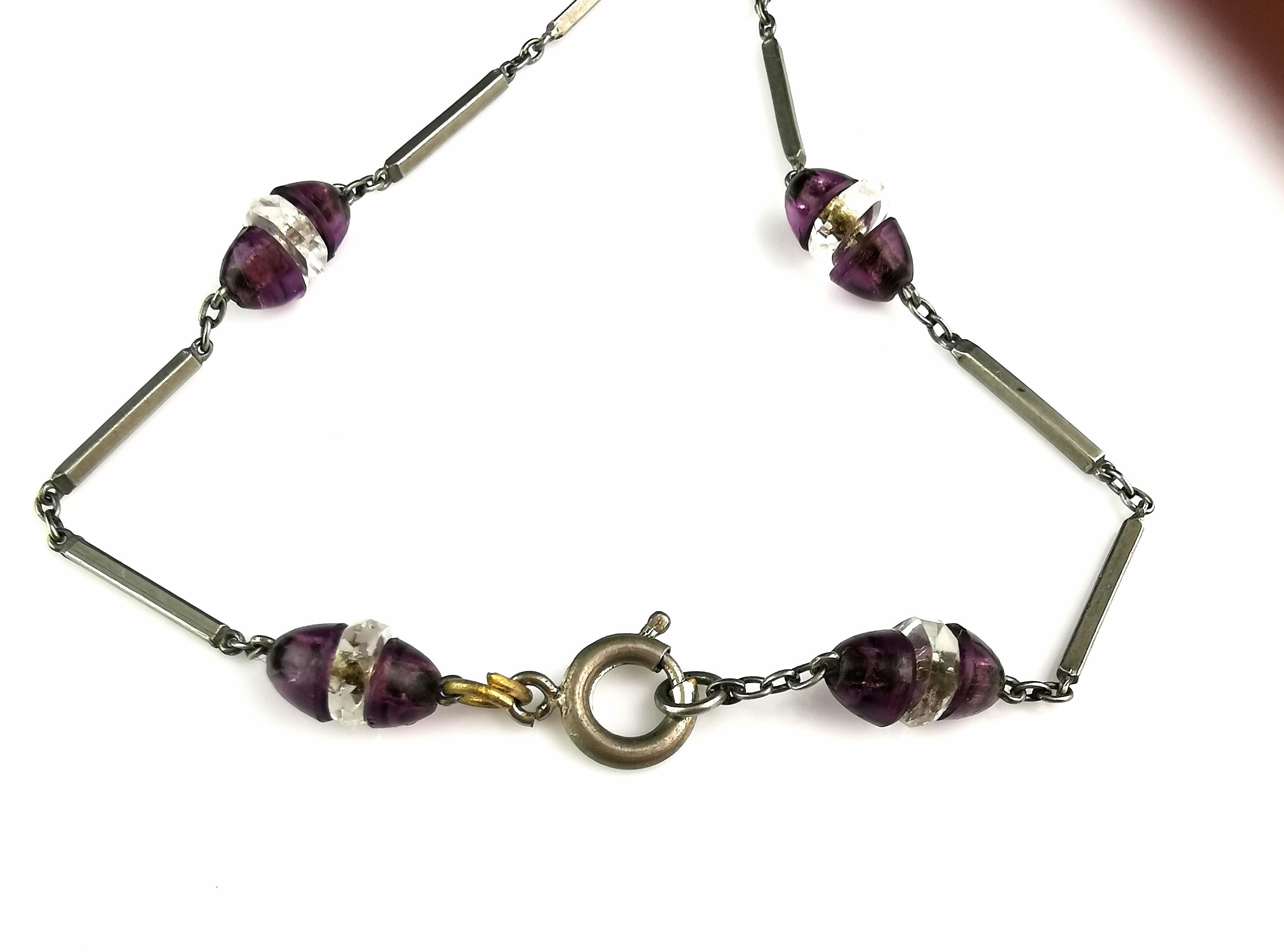 Vintage Art Deco Amethyst glass drop pendant necklace For Sale 3