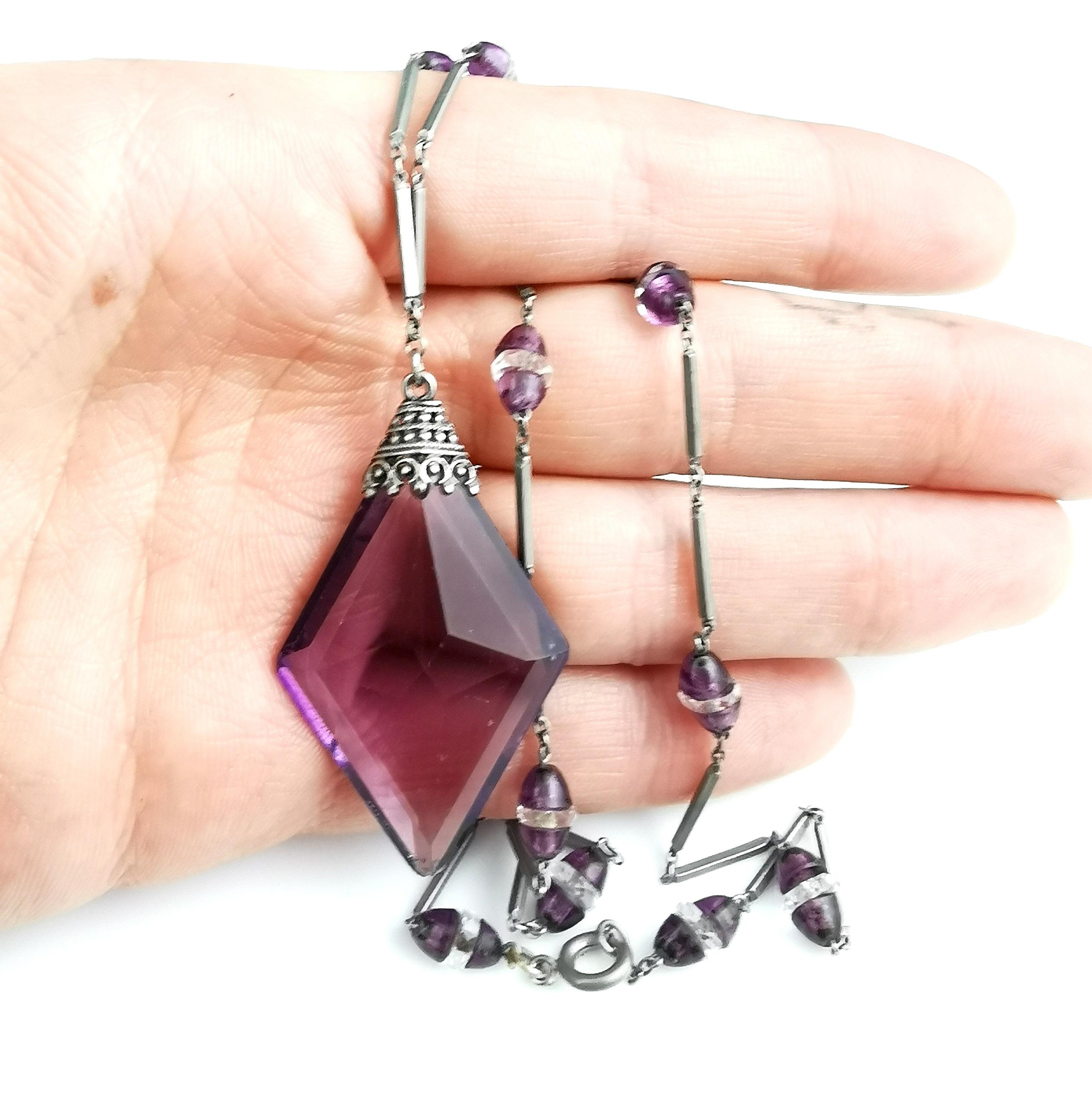 Vintage Art Deco Amethyst glass drop pendant necklace For Sale 4