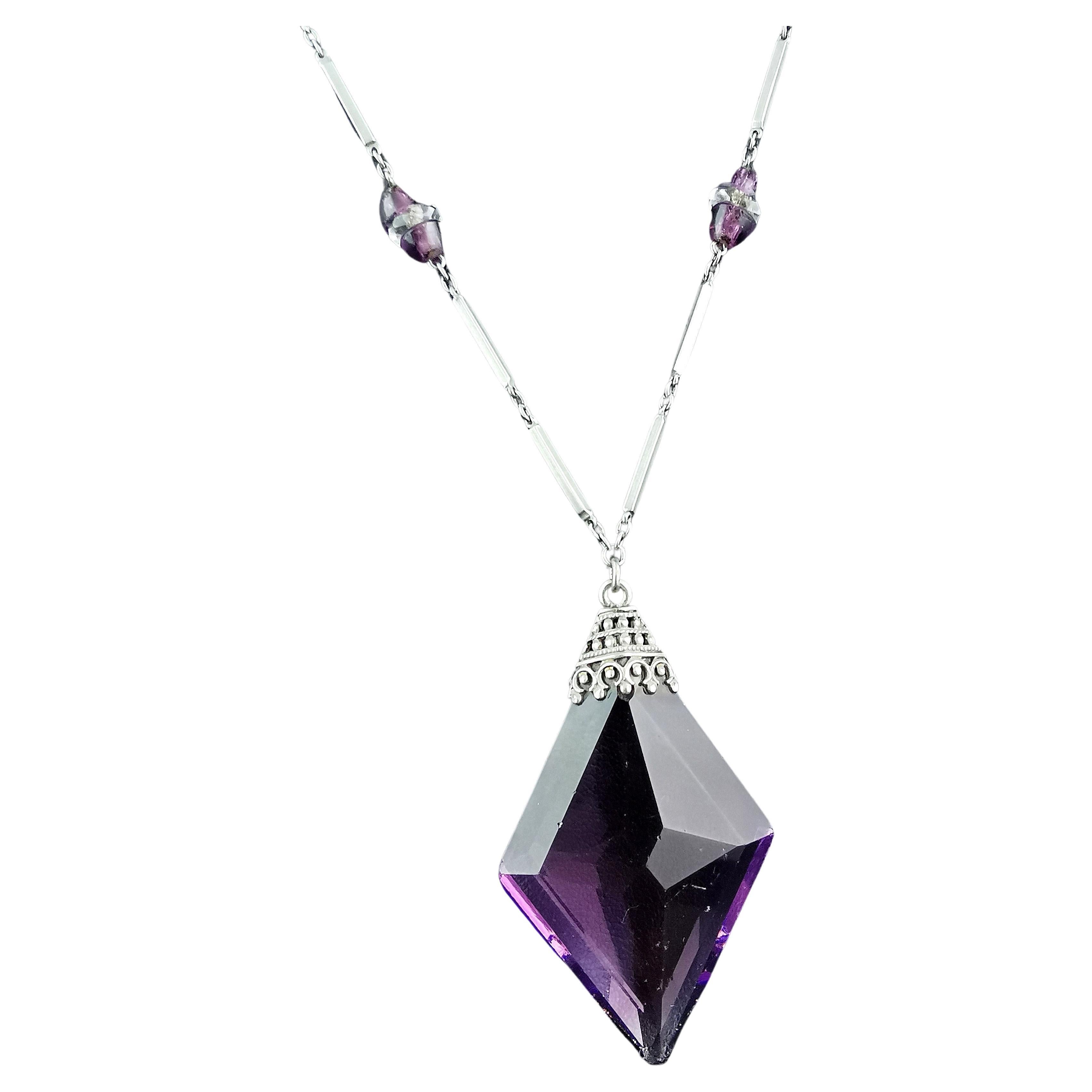 Vintage Art Deco Amethyst glass drop pendant necklace