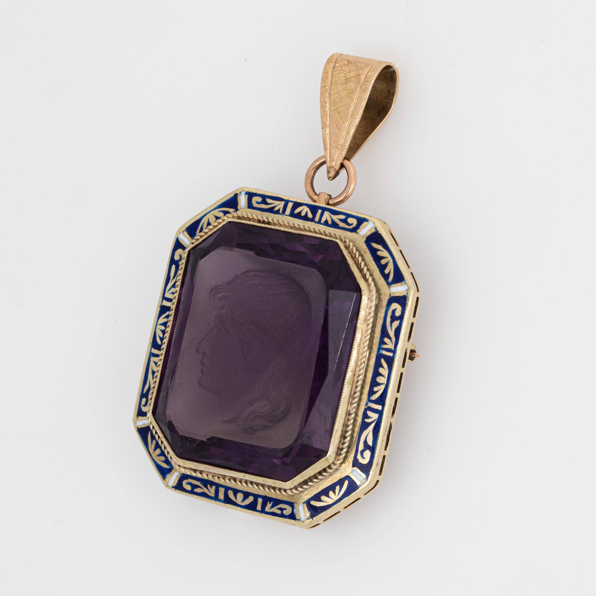 
Finely detailed vintage Art Deco era amethyst intaglio pendant crafted in 14k yellow gold (circa 1920s to 1930s).  

Carved amethyst intaglio measures 26mm x 21mm. The amethyst is in very good condition and free of cracks or chips. 

The distinct