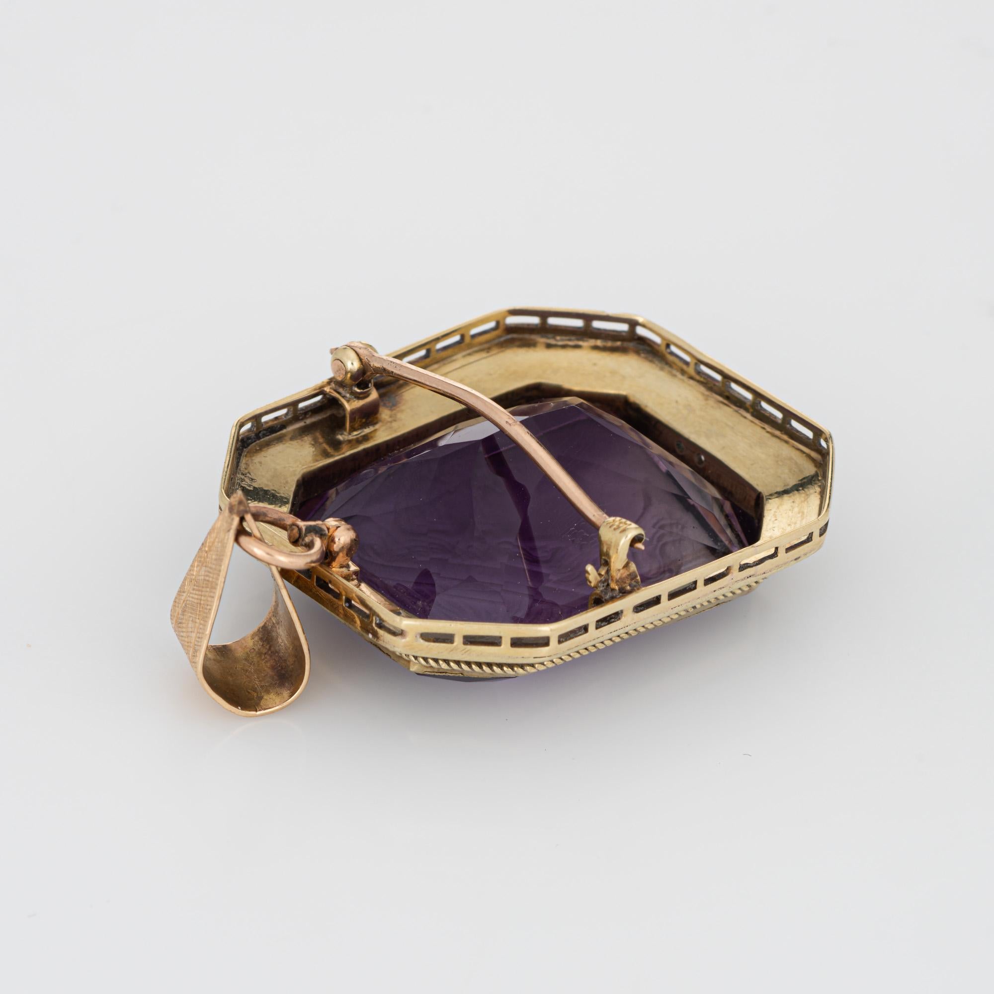 Vintage Art Deco Amethyst Intaglio Pendant Enamel 14k Yellow Gold Carved   In Good Condition For Sale In Torrance, CA