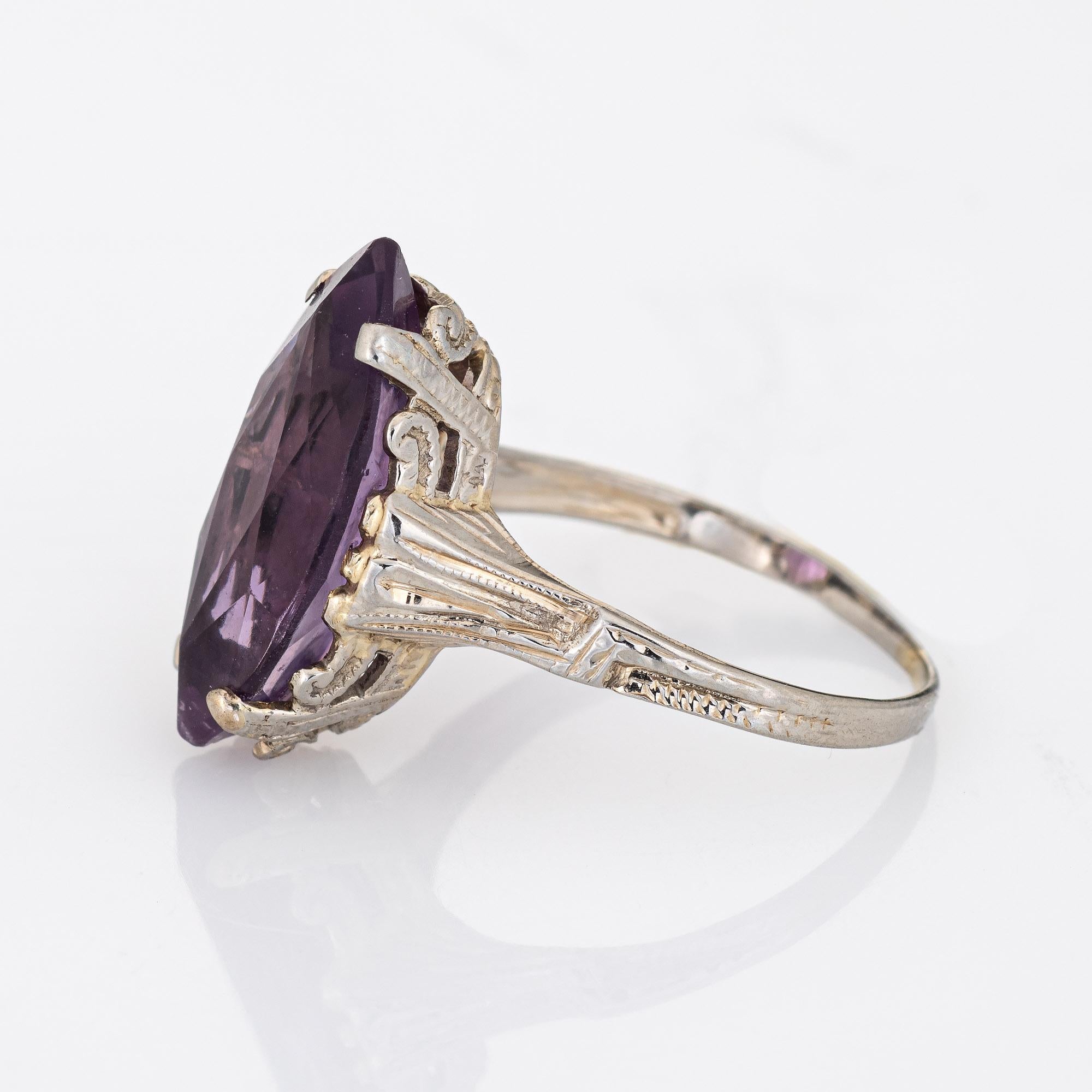 Vintage Art Deco Amethyst Navette Ring 18k White Gold Sz 6.5 Estate Fine Jewelry In Good Condition In Torrance, CA
