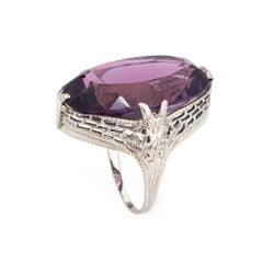 Vintage Art Deco Amethyst Ring 10k White Gold Large Cocktail Jewelry Sz 5