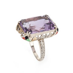 Vintage Art Deco Amethyst Ring Enamel Cocktail 14k Gold Filigree Jewelry Sz 7