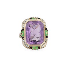Vintage Art Deco Amethyst Ring Enamel Cocktail 14k Gold Filigree Jewelry Sz 7