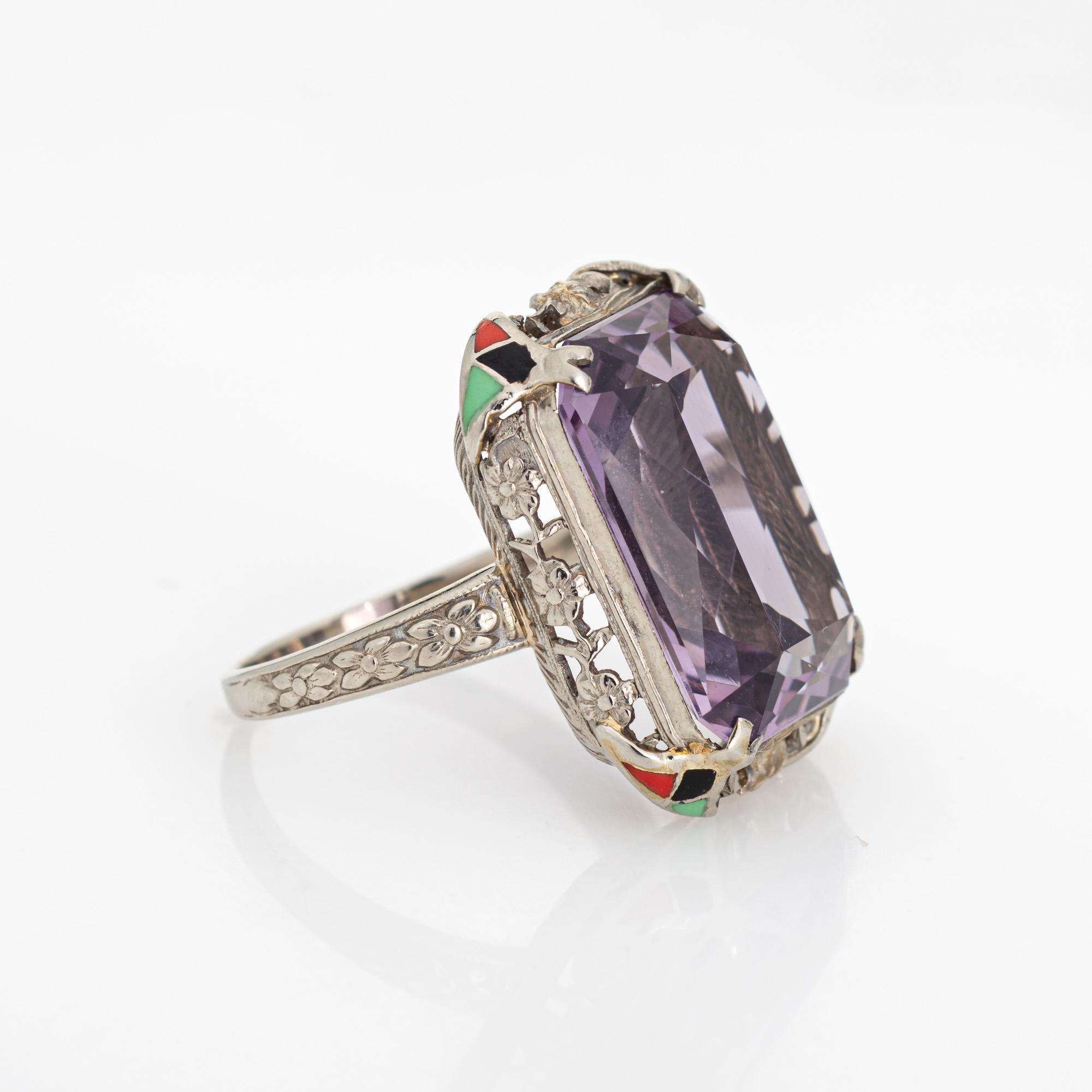 Square Cut Vintage Art Deco Amethyst Ring Enamel Cocktail 14k Gold Filigree Jewelry Sz 7