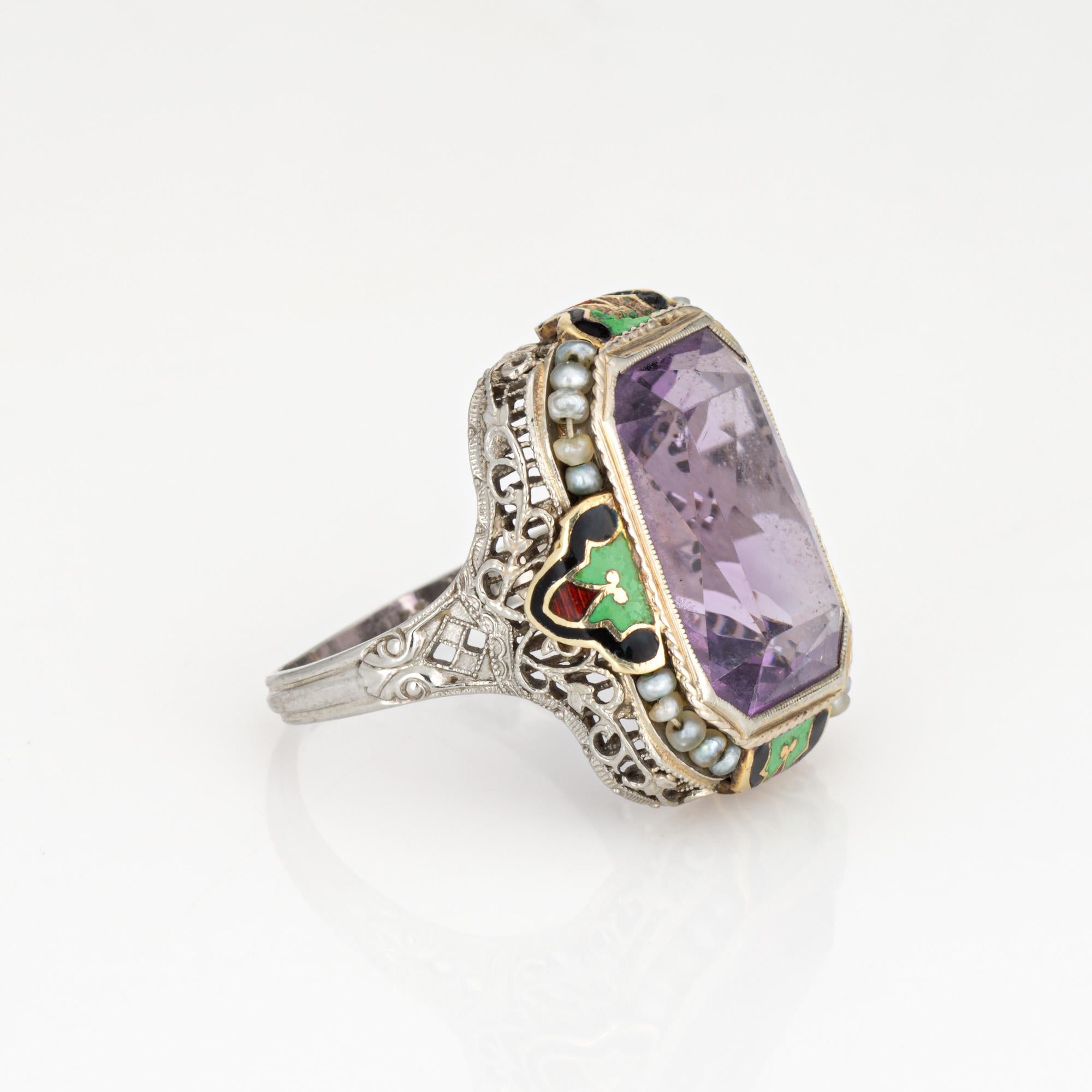 Vintage Art Deco Anillo Amatista Esmalte Cóctel Oro 14k Filigrana Joyería Sz 7 Art Decó en venta