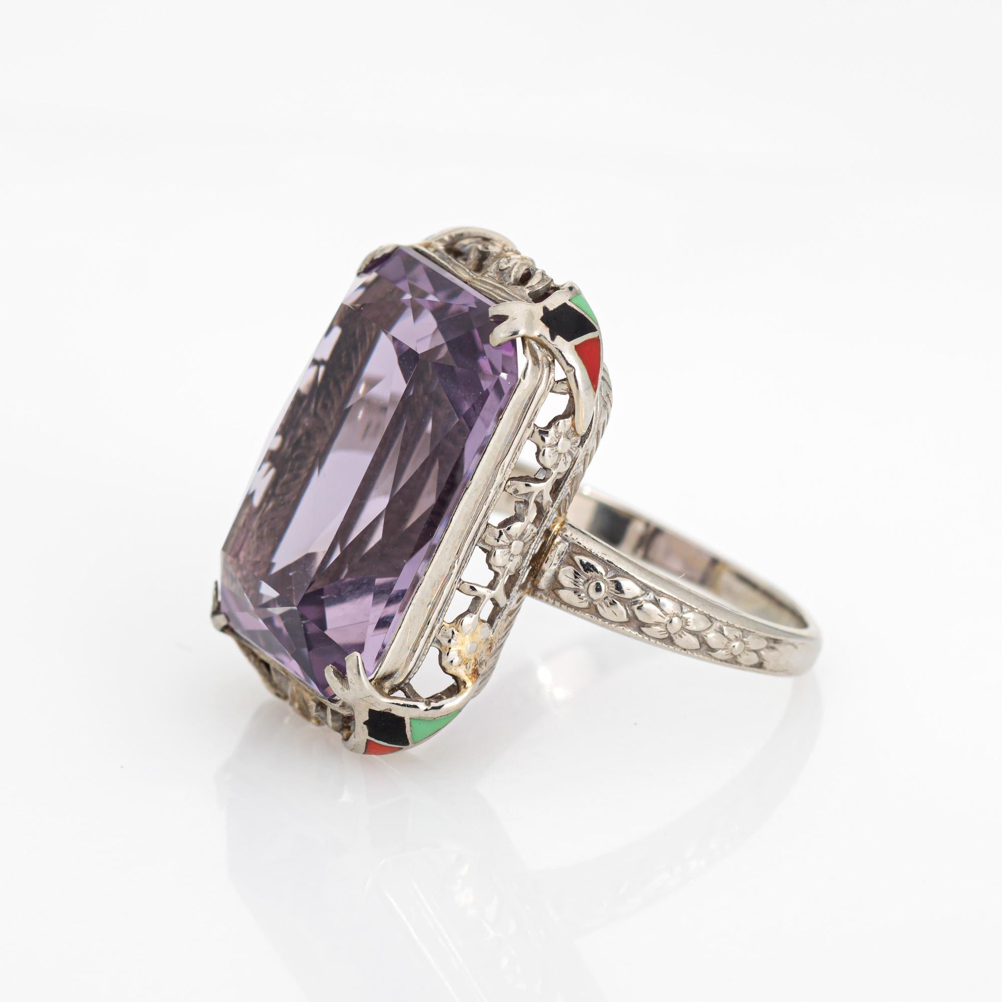 Vintage Art Deco Amethyst Ring Enamel Cocktail 14k Gold Filigree Jewelry Sz 7 In Good Condition In Torrance, CA