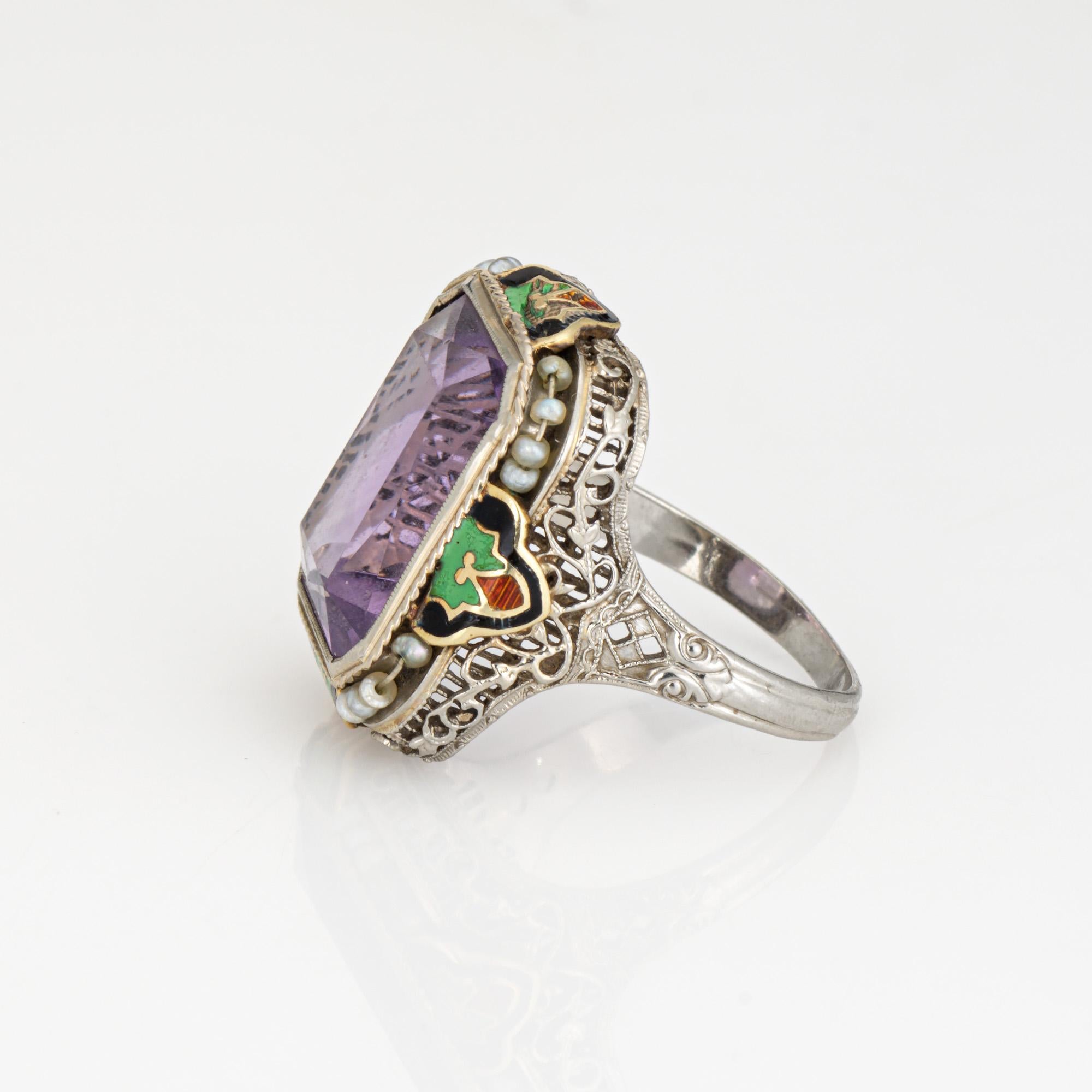 Vintage Art Deco Anillo Amatista Esmalte Cóctel Oro 14k Filigrana Joyería Sz 7 Corte cuadrado en venta