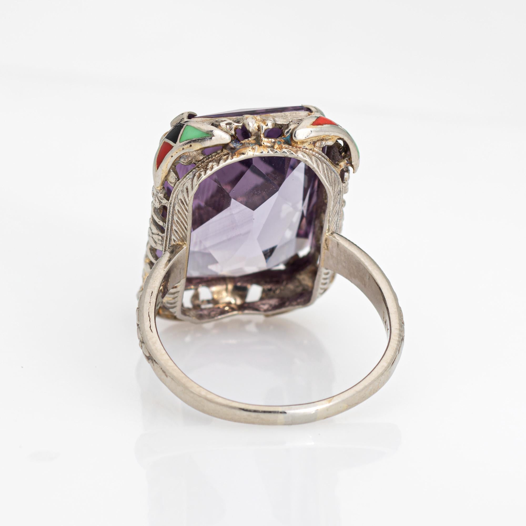 Women's Vintage Art Deco Amethyst Ring Enamel Cocktail 14k Gold Filigree Jewelry Sz 7