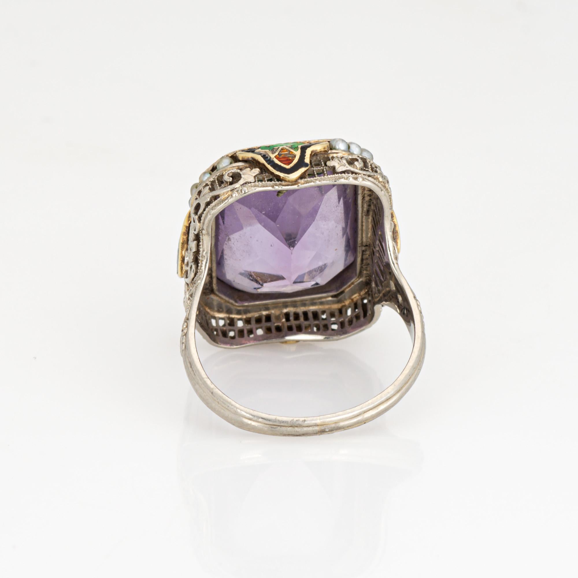 Vintage Art Deco Anillo Amatista Esmalte Cóctel Oro 14k Filigrana Joyería Sz 7 en Bueno estado para la venta en Torrance, CA