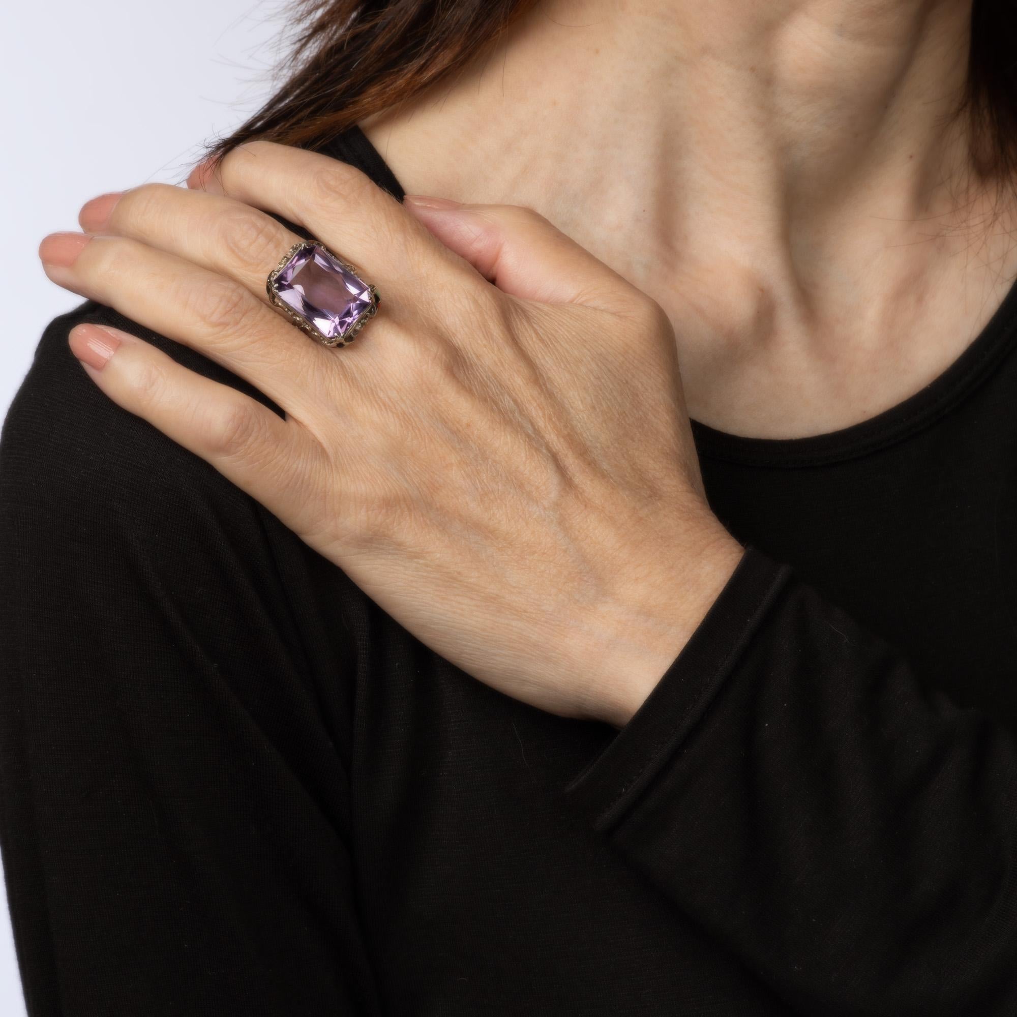 Vintage Art Deco Amethyst Ring Enamel Cocktail 14k Gold Filigree Jewelry Sz 7 1