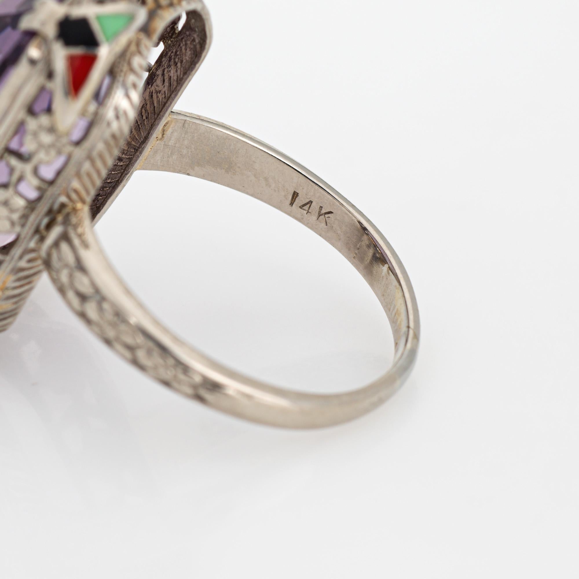 Vintage Art Deco Amethyst Ring Enamel Cocktail 14k Gold Filigree Jewelry Sz 7 2