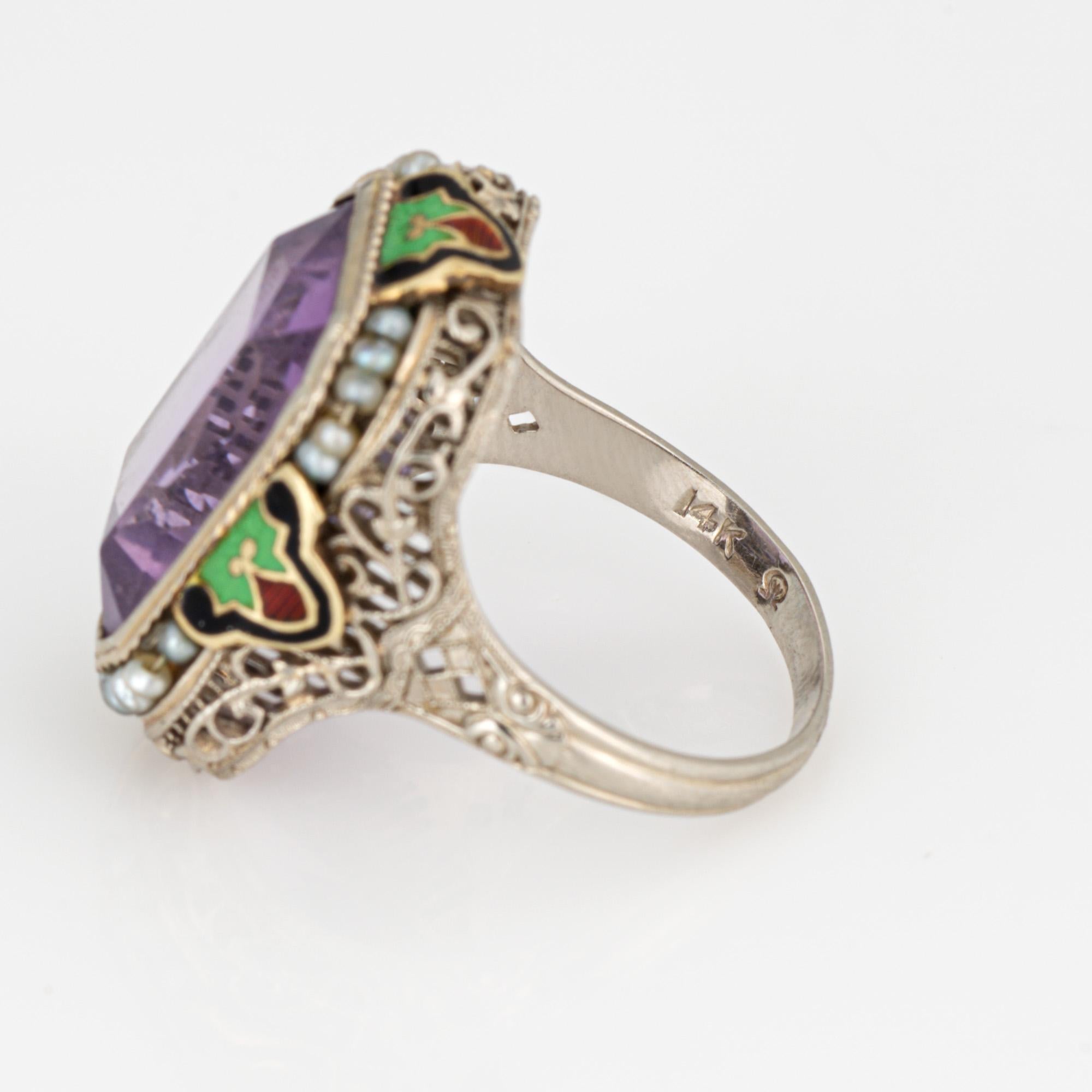 Vintage Art Deco Anillo Amatista Esmalte Cóctel Oro 14k Filigrana Joyería Sz 7 en venta 1