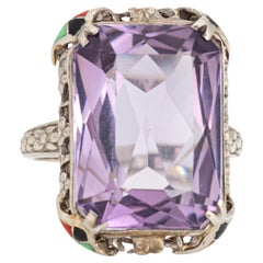 Vintage Art Deco Amethyst Ring Enamel Cocktail 14k Gold Filigree Jewelry Sz 7