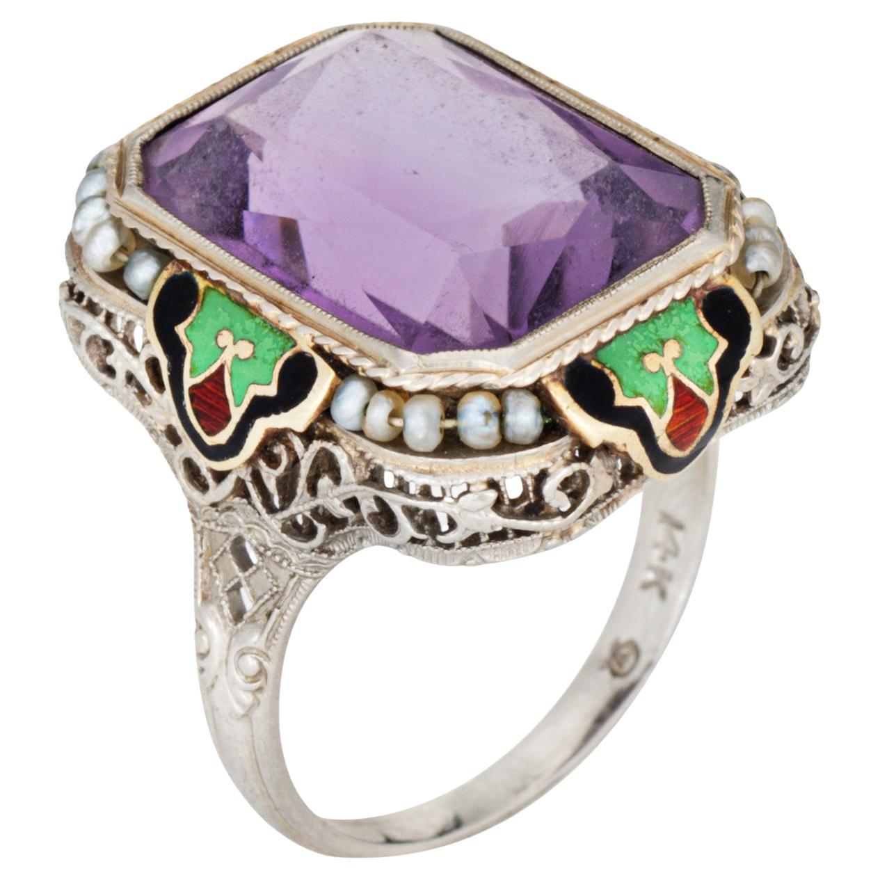 Bague cocktail filigrane Art déco vintage en or 14 carats avec améthyste et émail, taille 7